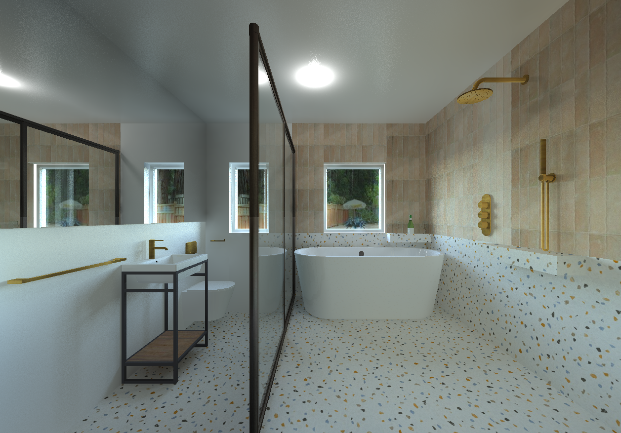 Modern bathroom with a freestanding bathtub, glass and tile partition, gold fixtures, and natural light from windows.