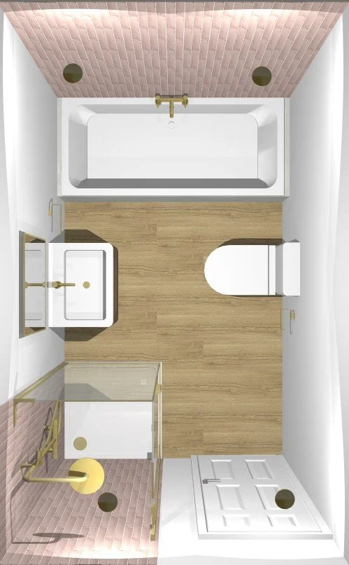Top-down view of a modern bathroom with a bathtub, toilet, sink, and shower, featuring pink tile accents and gold fixtures.