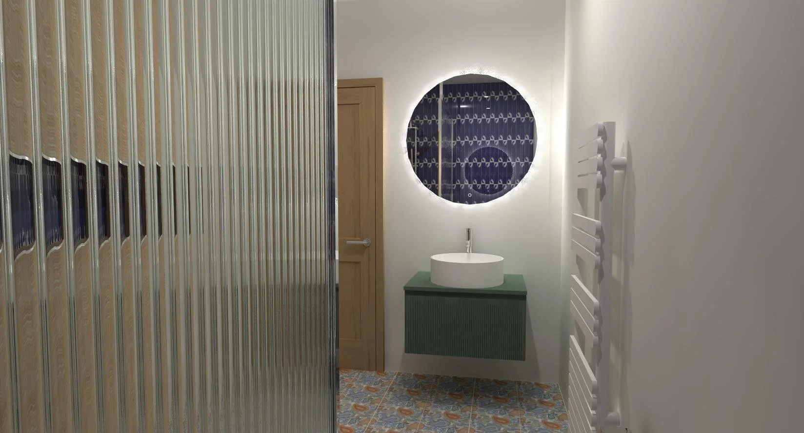 A modern bathroom with a round backlit mirror, a white vessel sink, a green wall-mounted cabinet, a wooden door, patterned floor tiles, and a white wall-mounted towel radiator.