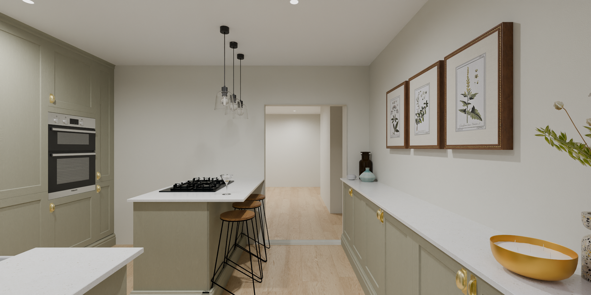 Modern kitchen with light-colored cabinets, white countertops, a built-in oven, a gas stove on the island, three bar stools, hanging pendant lights, framed botanical prints on the wall, and decorative vases and a bowl on the sideboard.