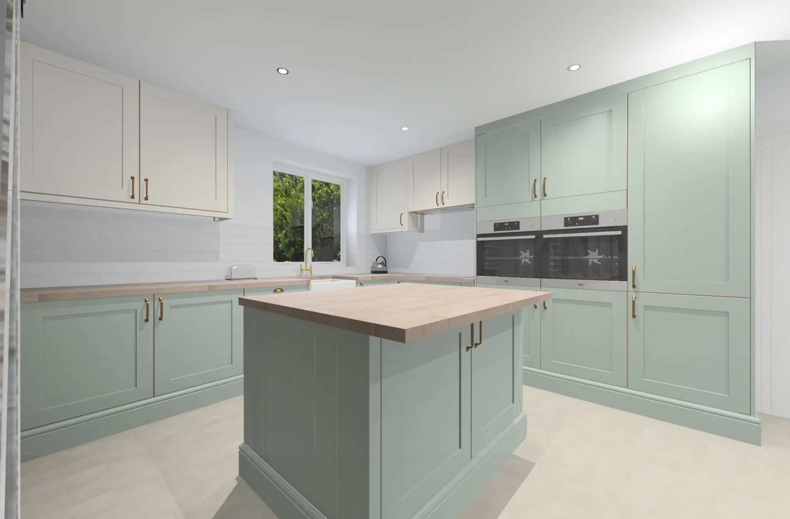 Modern kitchen with mint green cabinetry, white upper cabinets, a wooden kitchen island, and built-in ovens. There is a window overlooking greenery and recessed ceiling lights.