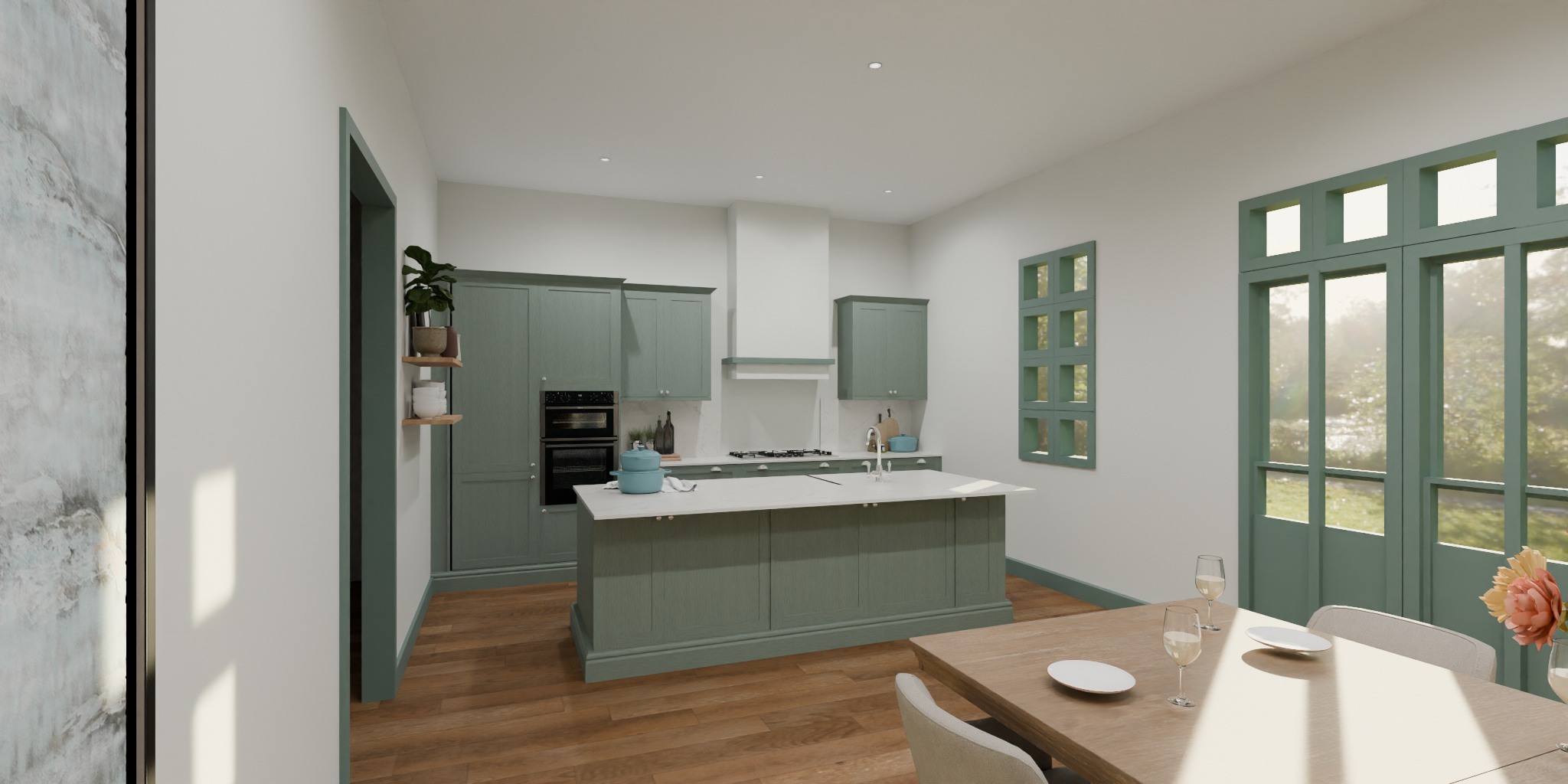 Bright kitchen with green cabinets, white walls, wooden floor, and large windows, featuring a dining table with glasses and plates.