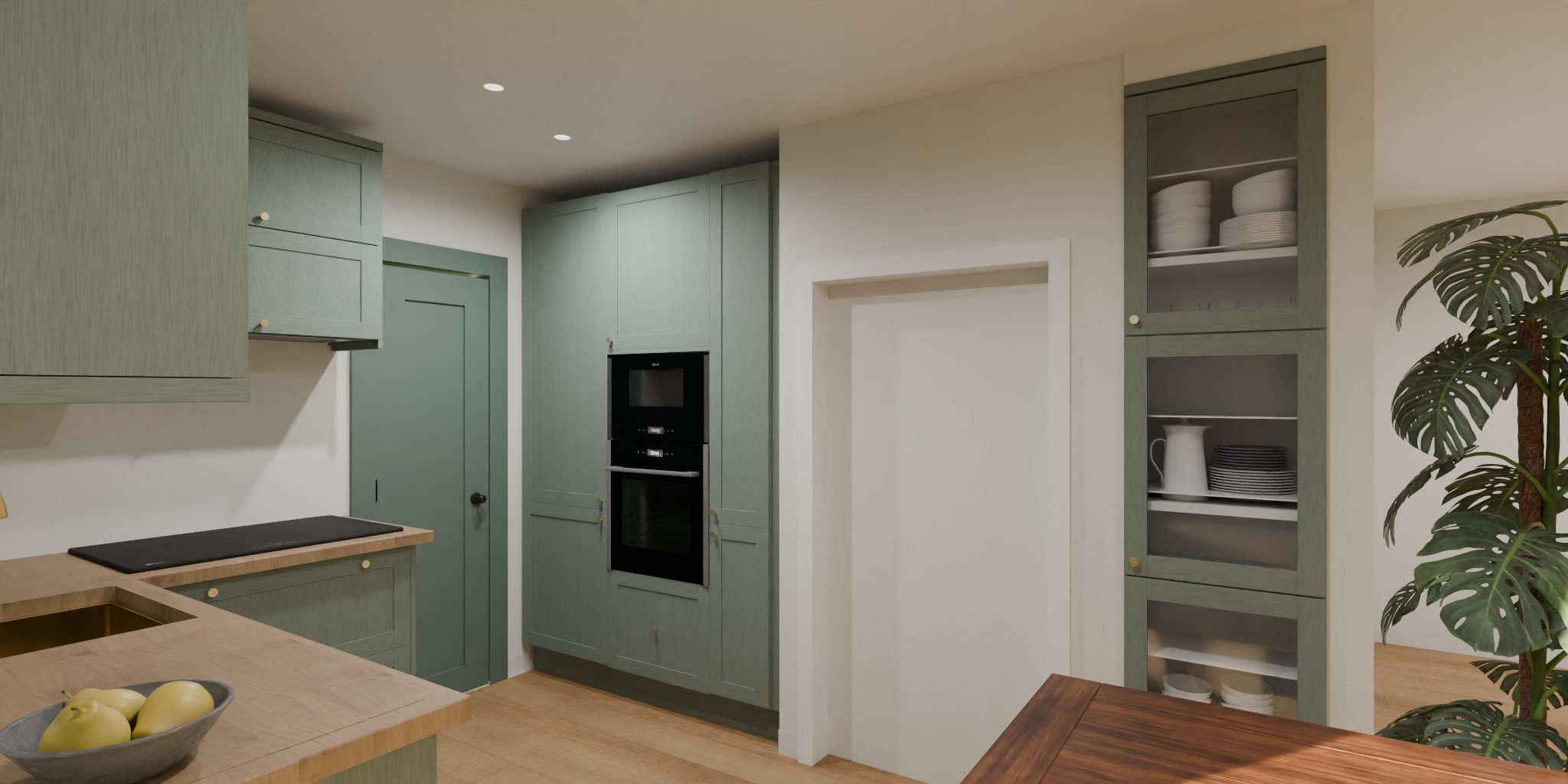 Kitchen with green cabinets, wooden countertops, and built-in black oven; open glass-front cabinet with plates, bowls, and a pitcher; potted plant near the corner.