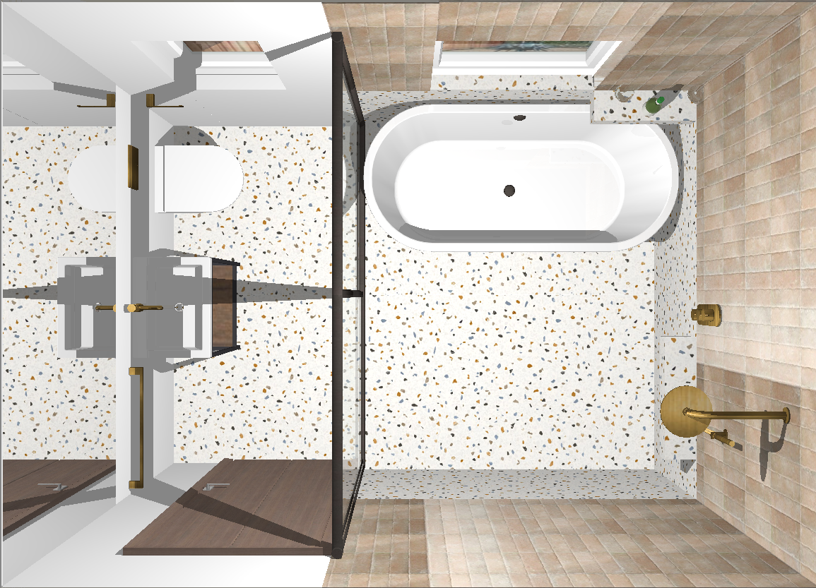A modern bathroom with a walk-in shower, freestanding bathtub, toilet, and brass fixtures. The floor has a speckled terrazzo pattern and there are large tiles on the walls.