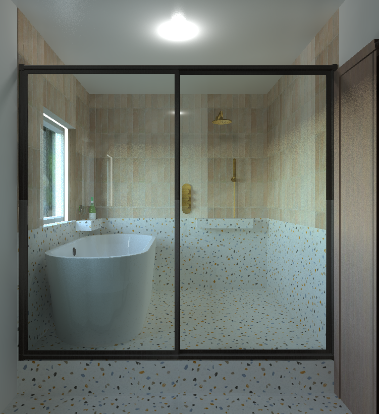 Modern bathroom with a separate shower and bathtub, glass partition, beige tiled walls, terrazzo flooring, and a window.