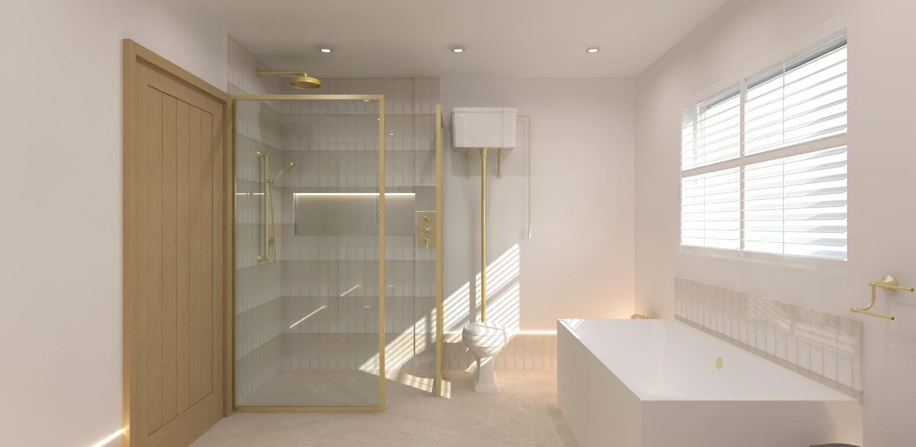 Modern bathroom featuring a glass-enclosed shower with gold trim, a freestanding bathtub, a window with white blinds, and gold fixtures.