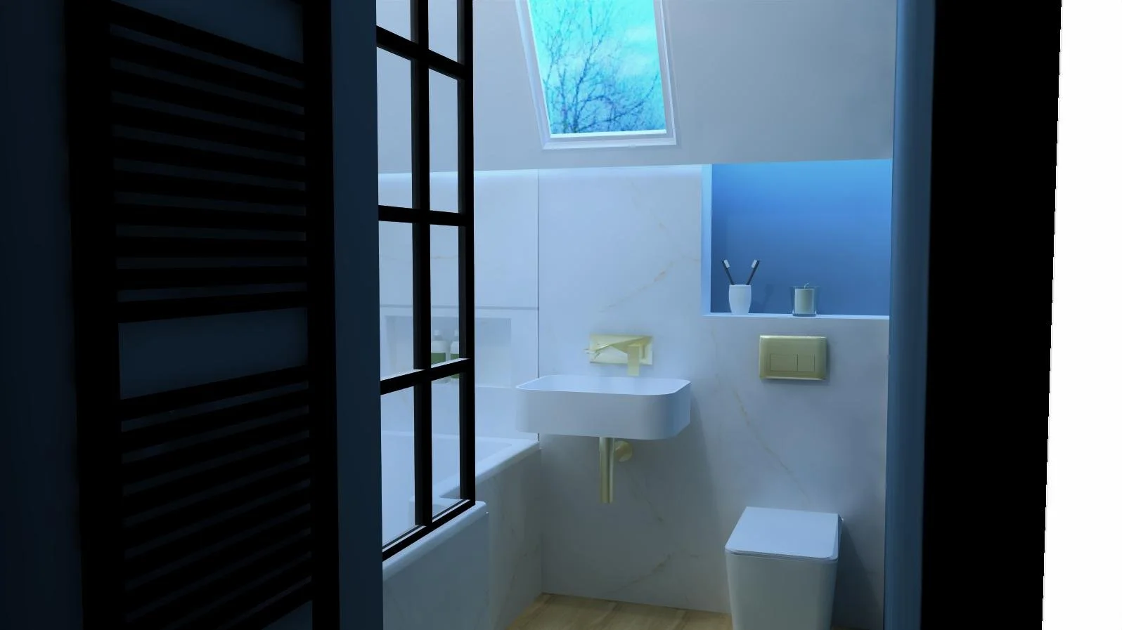Modern bathroom with blue accent wall, white sink, yellow fixtures, a small window, and a toilet.