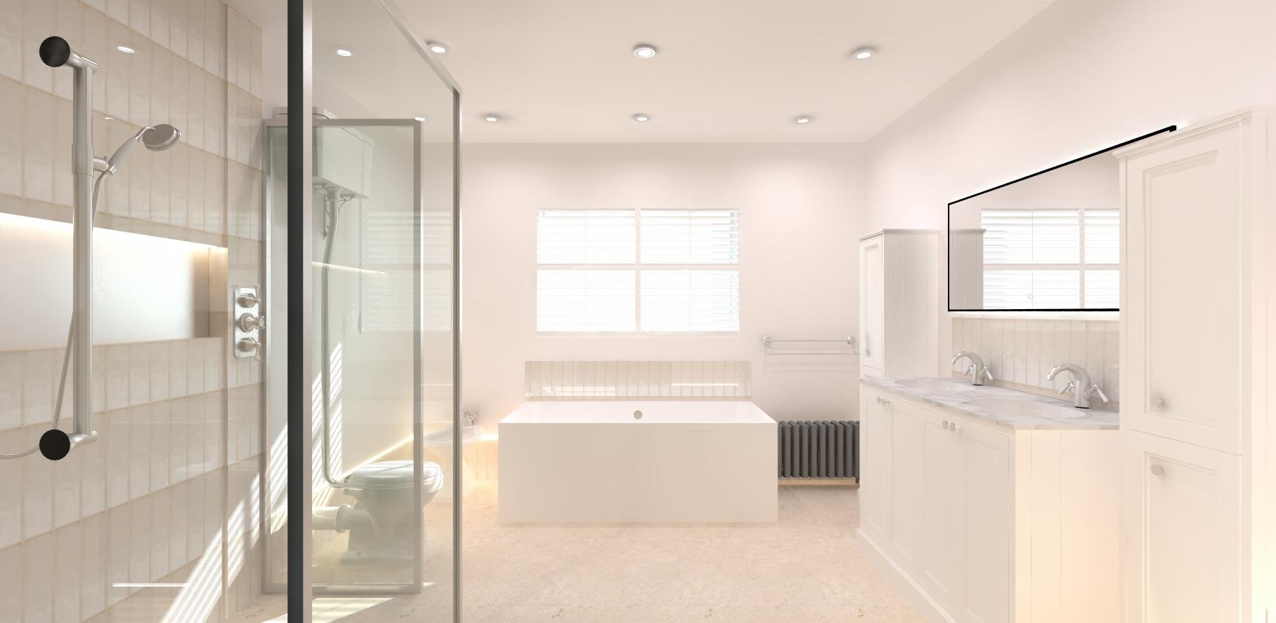 Bright, modern bathroom featuring a glass shower, a freestanding bathtub, a double-sink vanity with large mirror, white cabinetry, and a window with blinds.