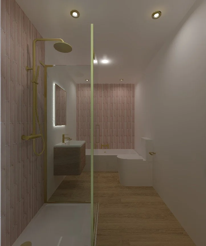 A modern bathroom with a separate shower and bathtub, featuring pink tiled walls, a wooden floating vanity with a mirror, and minimalist lighting.