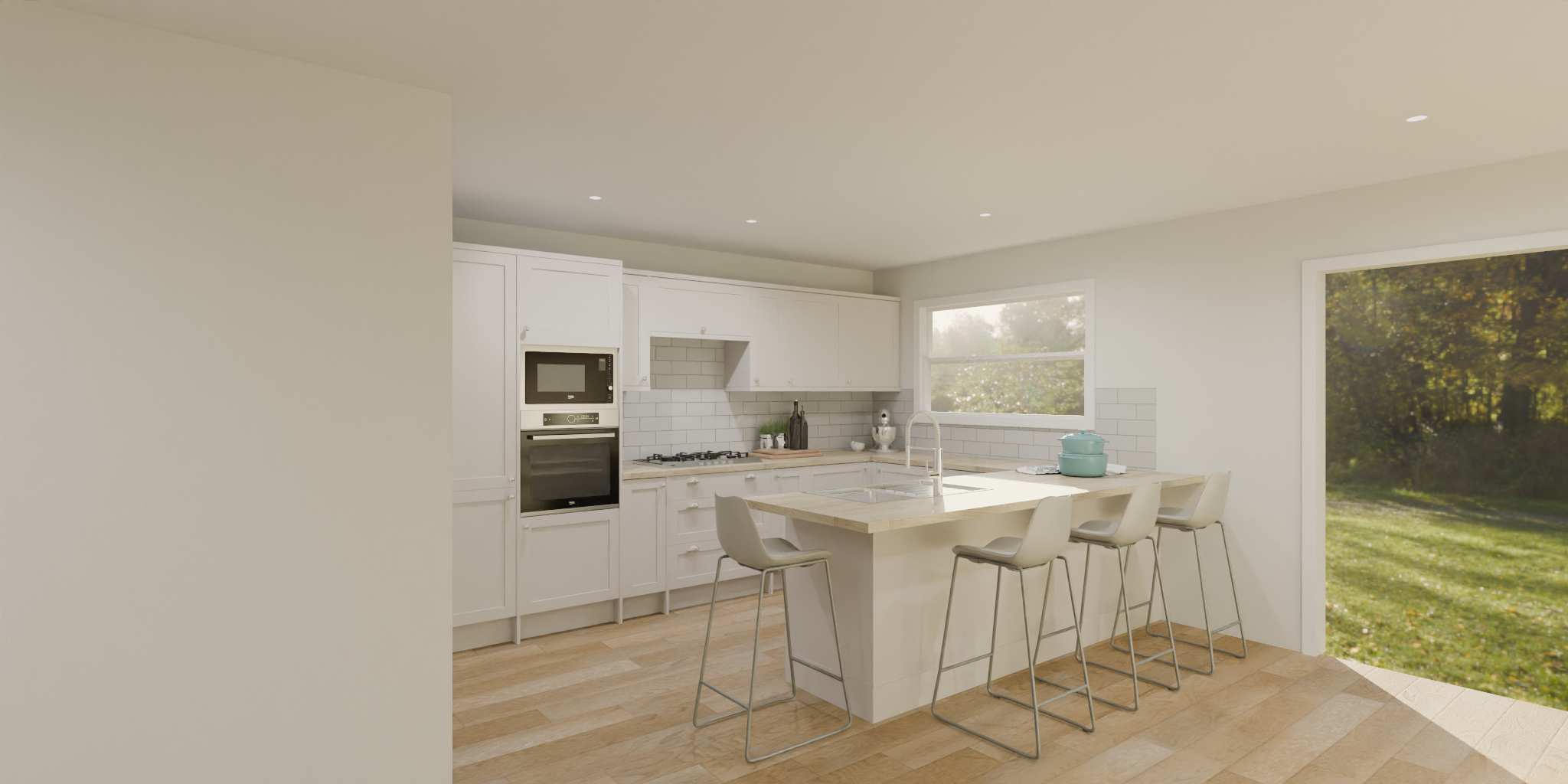 Bright kitchen with white cabinets, a central island with bar stools, a gas stove, microwave, oven, and large window showing outdoor greenery.