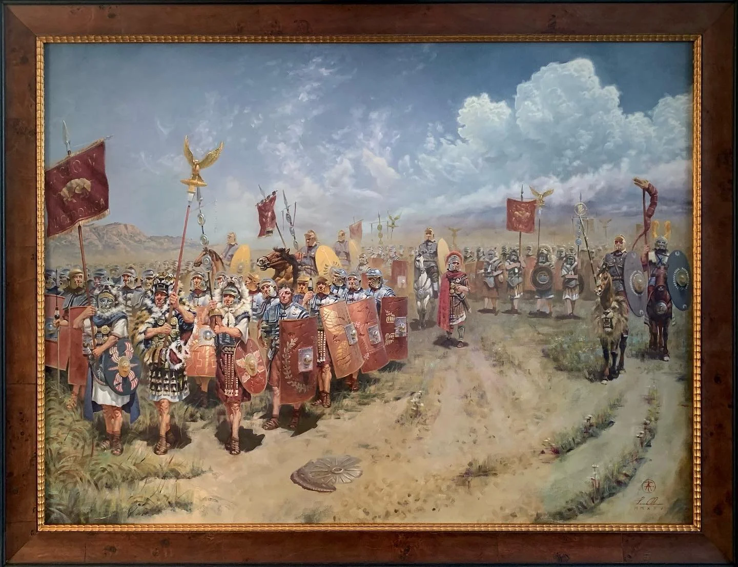 &ldquo;Reckoning&rdquo; oil on linen. 2025
.
A legionnaire in the foreground, battered and bloodied, spies an old, rusted Macedonian shield lying in the dirt by his feet, a relic of an era long past. Alexander&rsquo;s army was legendary. His empire s