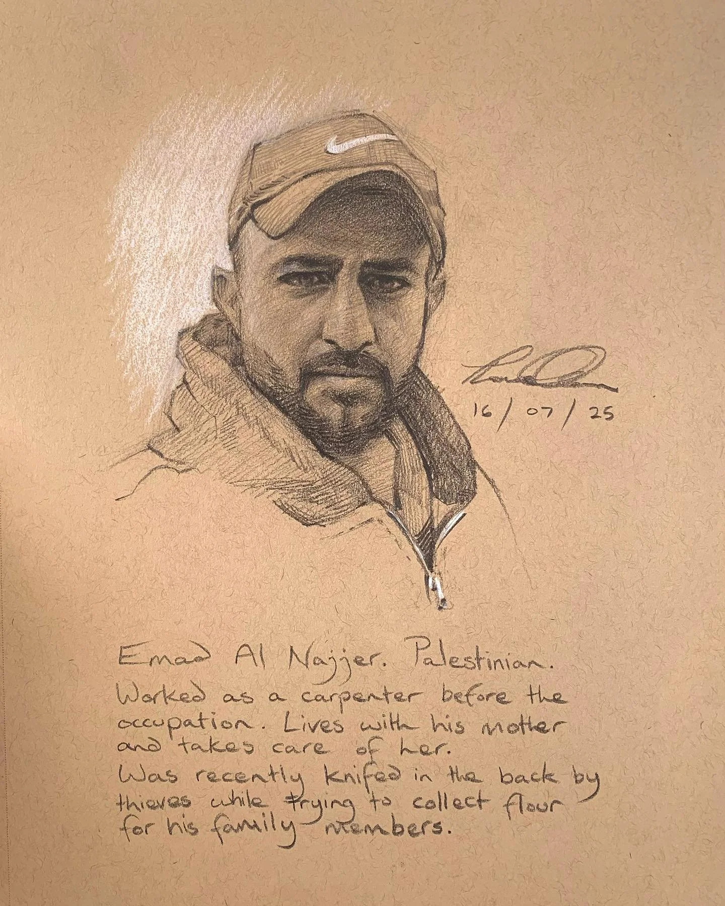 Emad Al Najjer, Palestinian carpenter, currently inside Gaza during the occupation. Yesterday he was stabbed while trying to obtain food for his family in Gaza. He is the main provider for his mother and siblings.
He is currently recovering in his te