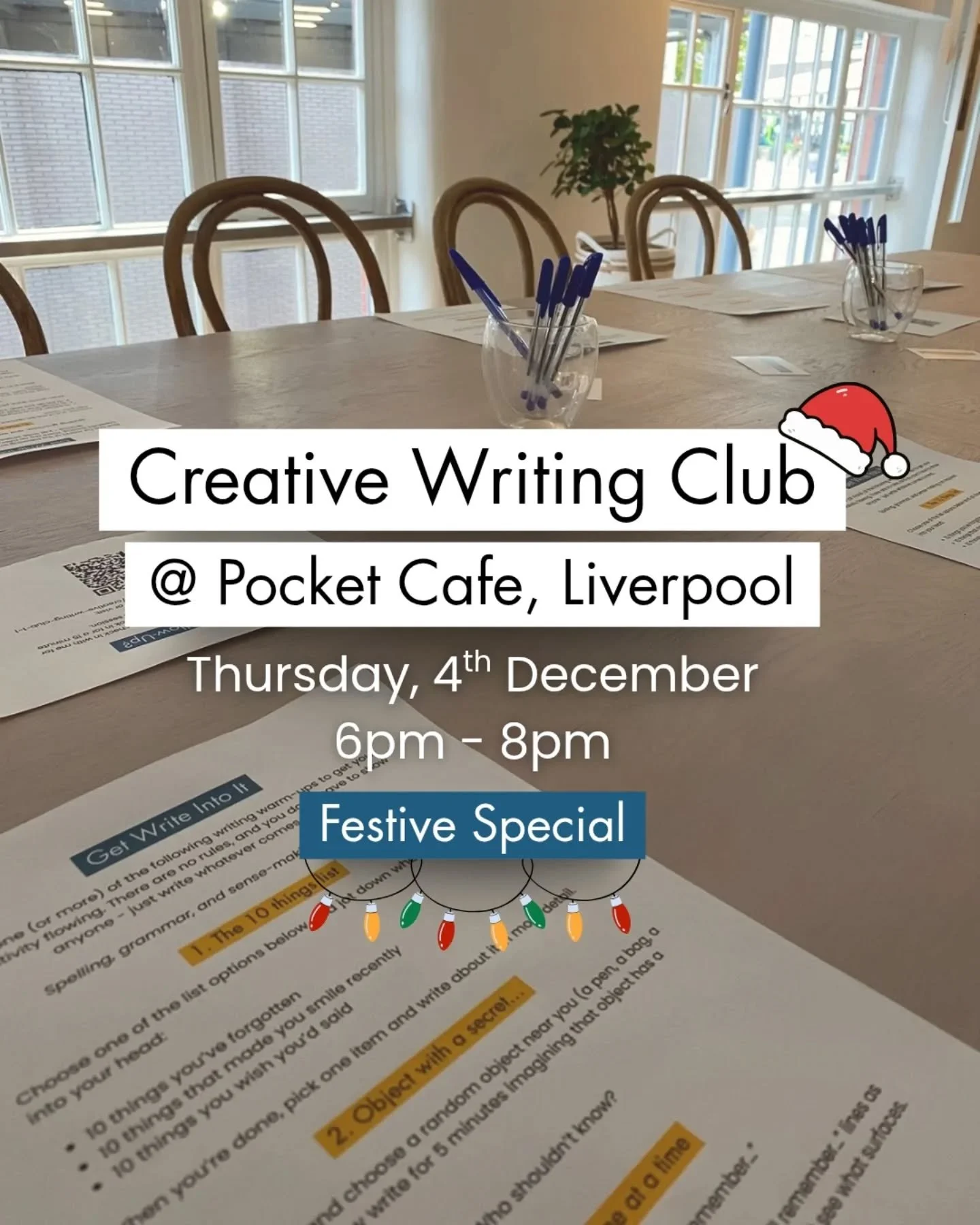 Festive jumpers encouraged, but optional! 

We're writing one more chapter in 2025 ✍️

Join us for our final Creative Writing Club of 2025 at @pocketcafebar on Thursday 4th December.

No prior experience necessary. All ages are welcome. Creativity is
