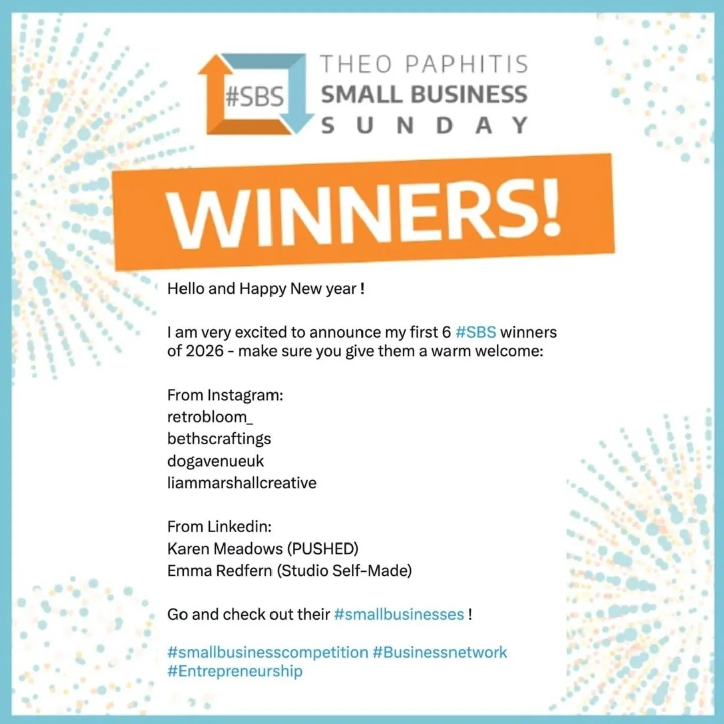 Start the year as you mean to go on, they say 👏

Well, I've got big intentions and big goals for this year, so it makes sense to kick it off with the first Small Business Sunday win of the year! 

Thank you @theopaphitis and @thesbs_crew for welcomi