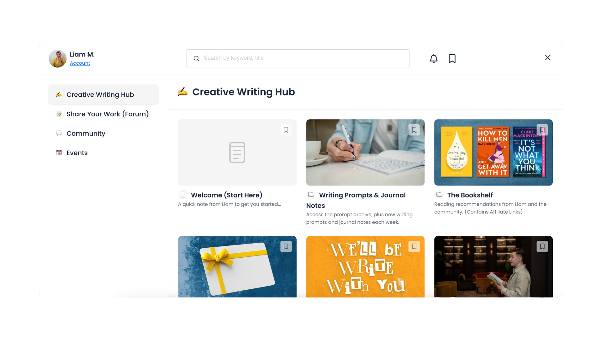 A screenshot from inside the creative writing club membership showing the 'Creative Writing Hub' including support materials such as writing promps and journal notes, and book recommendations.