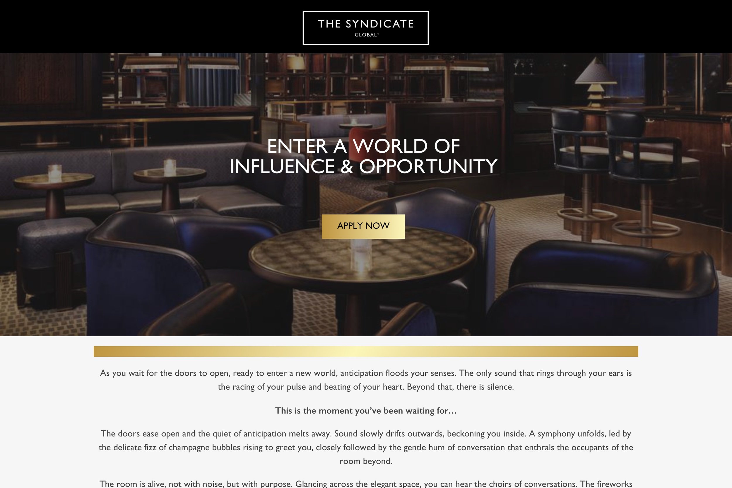 A screenshot of the top of The Syndicate website landing page.