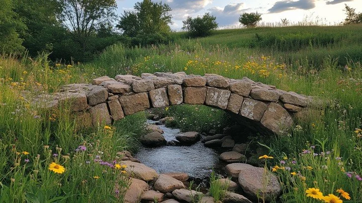 An image of a small stone bridge in a green field, over a flowing stream.