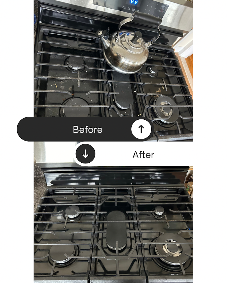 Comparison of a gas stove, with a stainless steel kettle on a dirty stovetop labeled 'Before' and a clean stovetop labeled 'After.'