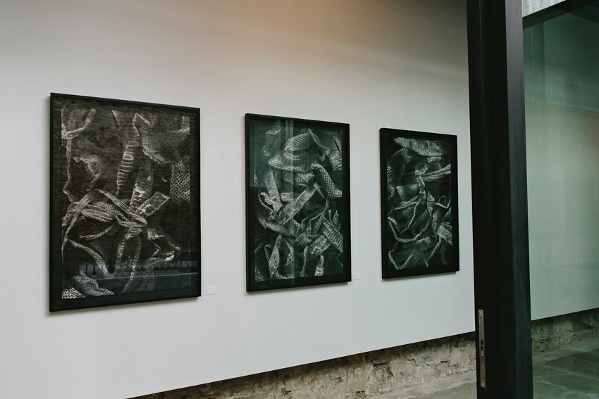 David Brits: award-winning South African visual artist and sculptor. Snake Man, SMITH Gallery. Cape Town. Drawing, Dot-Matrix, Printmaking, Linocut. John Wood, Sculpture, Ouroboros, Public Sculpture, Carbon Fibre Sculpture. Cape Town, South Africa.