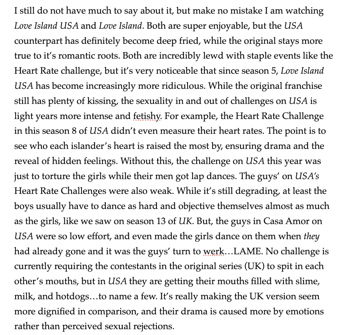 Text from june 29th word of the week about love isaldn USA being more overly sexual and therefore pointless compared to love island UK tv show.
