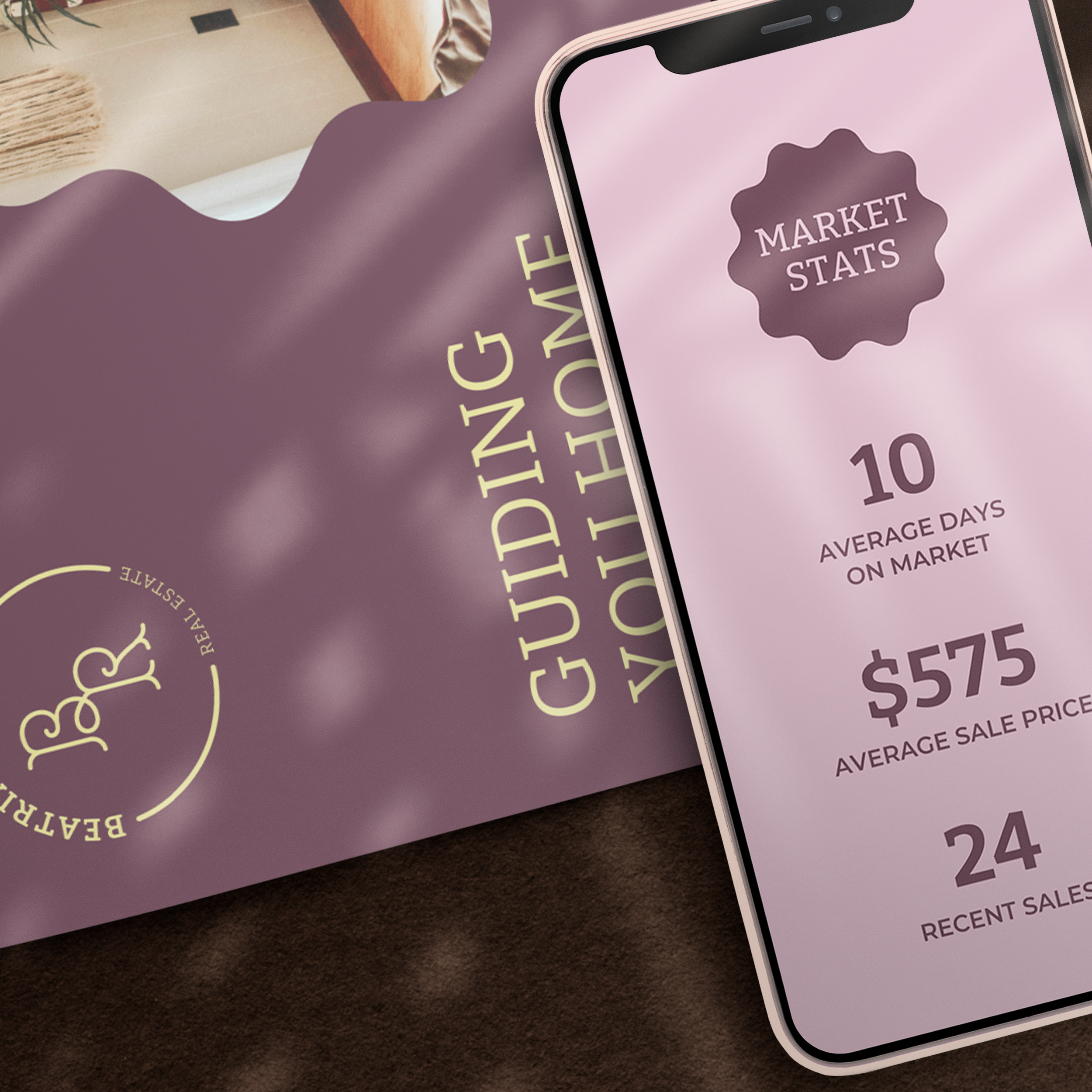 Smart phone with The Nori market report template design on top of a paper with The Beatrix
 flyer design printed on it.


