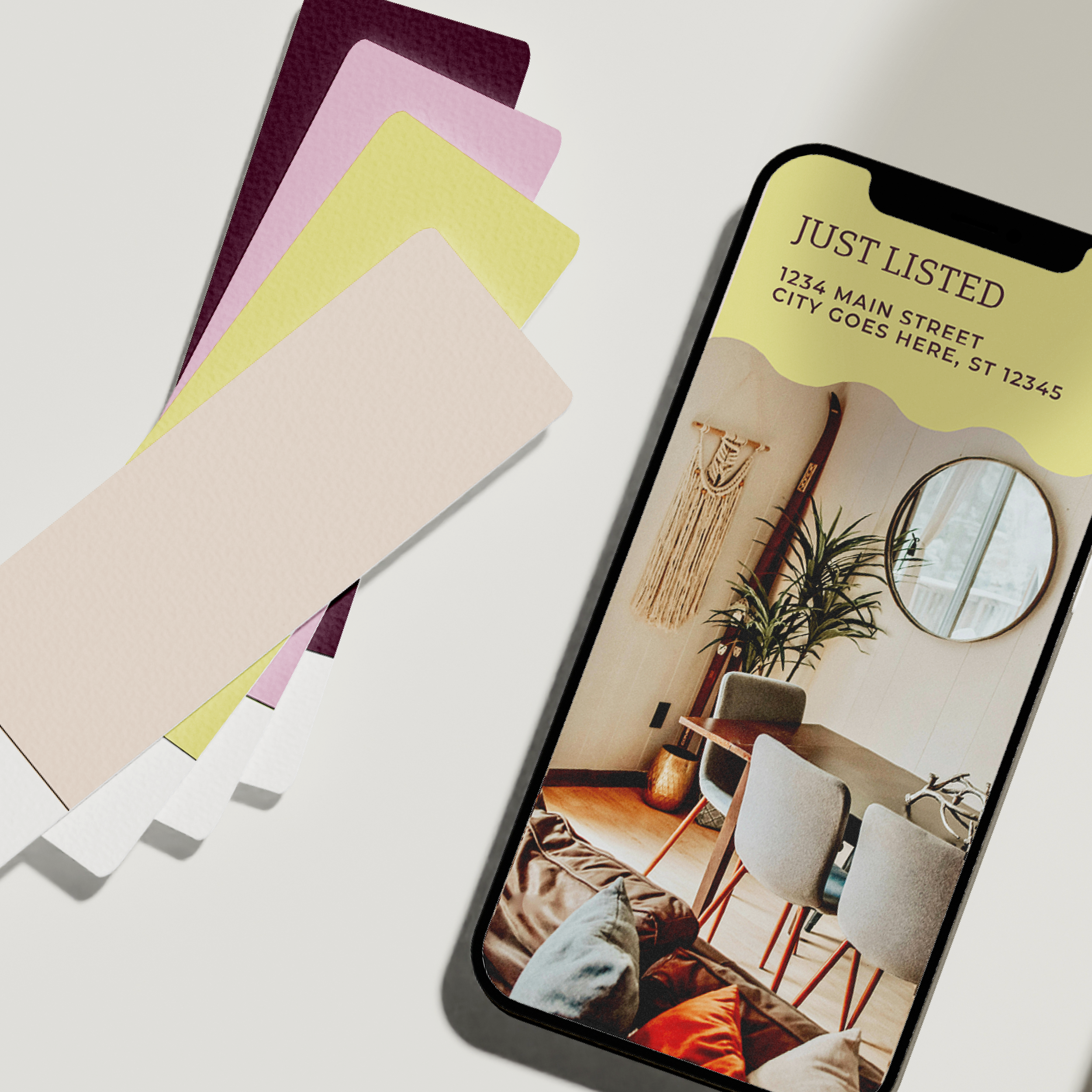 Smartphone displaying The Beatrix open house template design beside color swatches in black, white, beige, and brown.