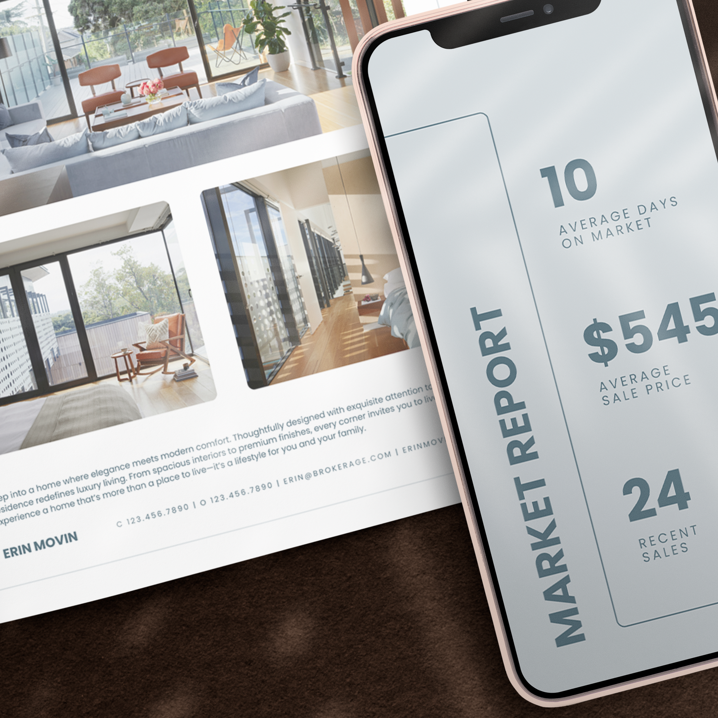 Smartphone displaying The Erin market report template design overtop of a paper with The Erin flyer printed on it.