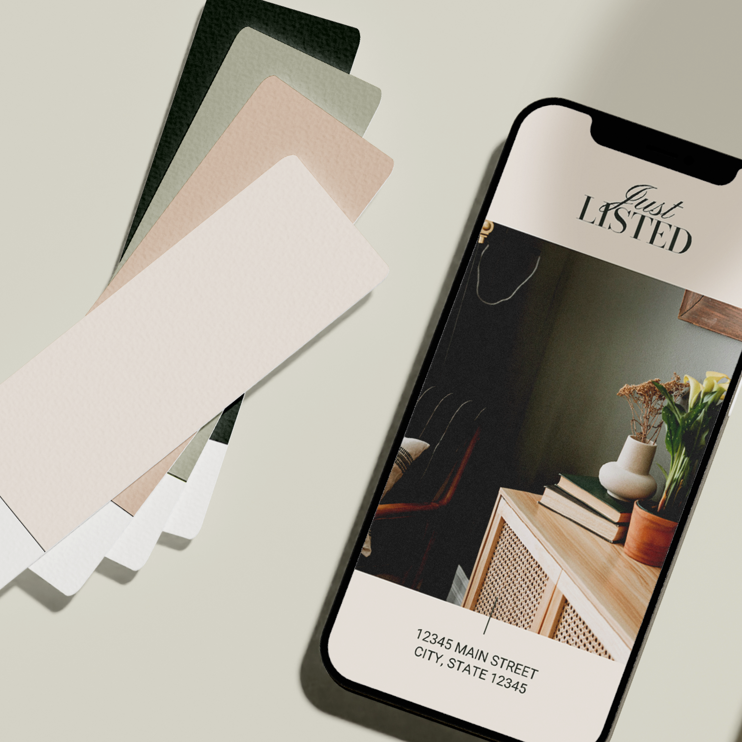 Smartphone displaying The Anna open house template design beside color swatches in black, white, beige, and brown.
