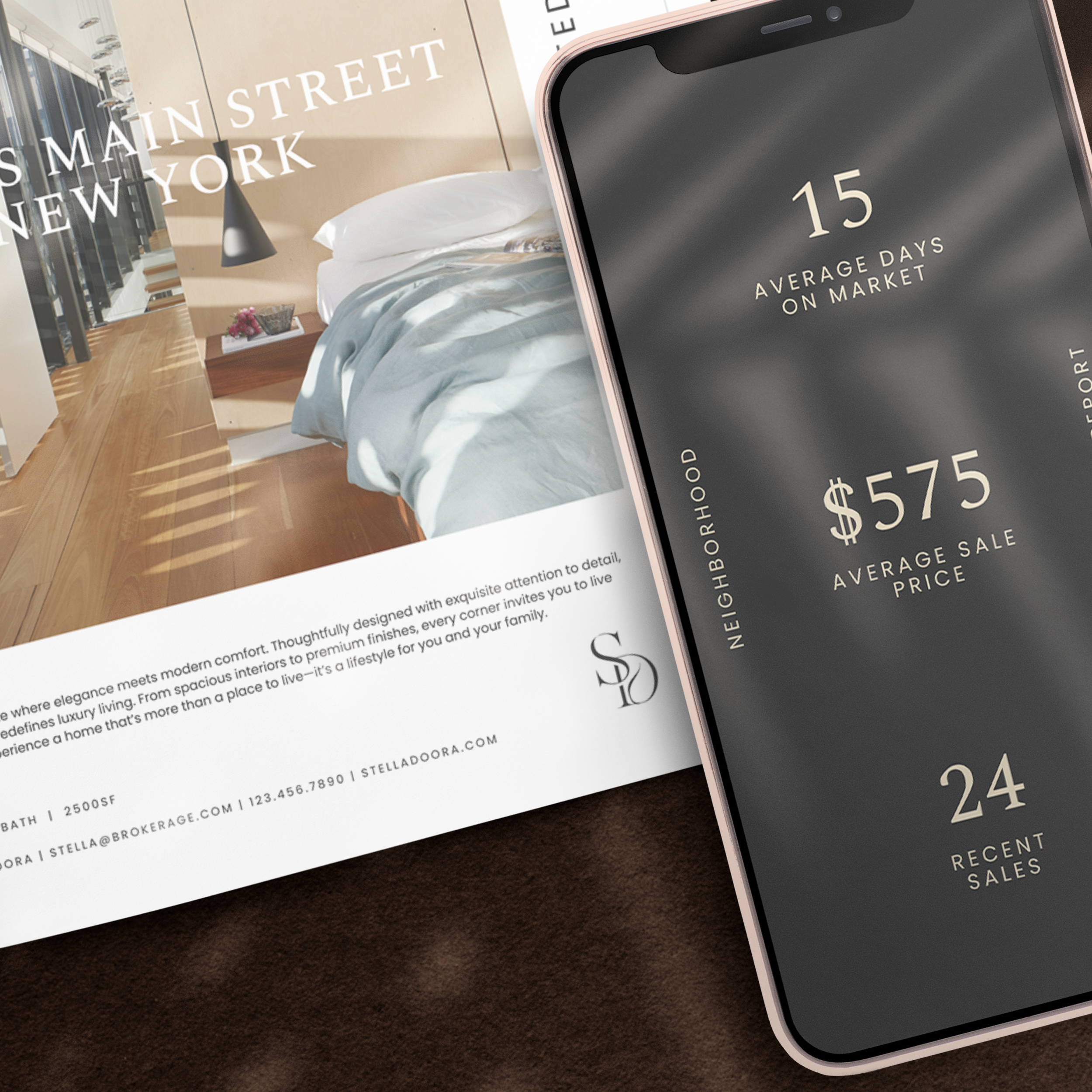 A smart phone displaying the market report template from The Stella on top of a paper with The Stella flyer template printed on it. 