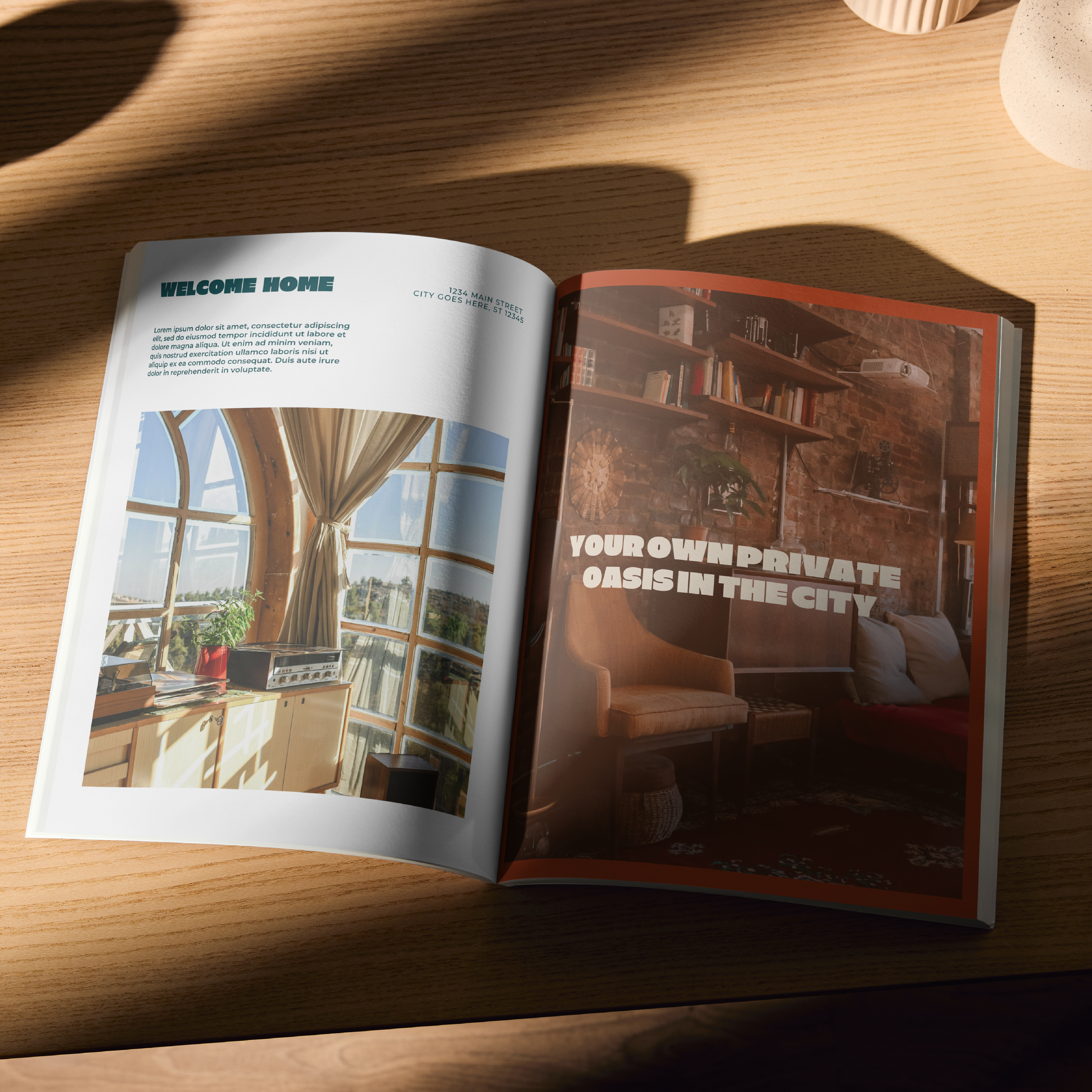 An open book on a desk featuring The Nori booklet template.


