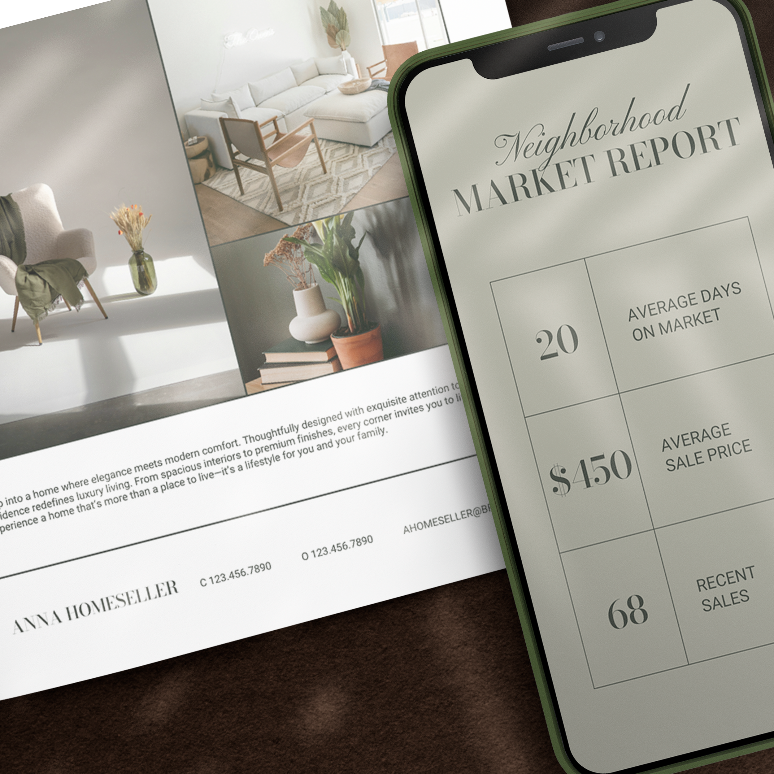 Smartphone displaying The Anna market report template design overtop of a paper with The Erin flyer printed on it.