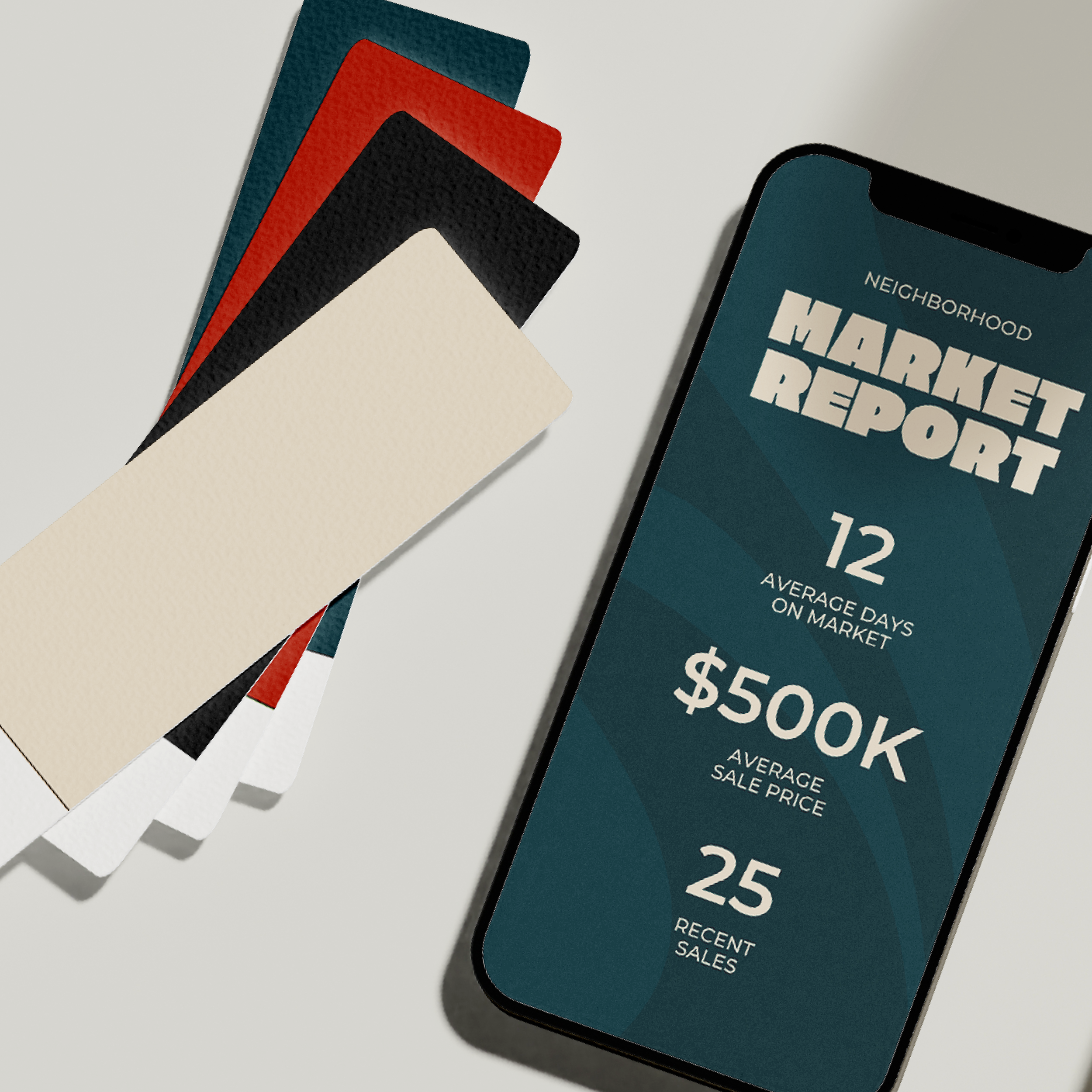 Smartphone displaying the market report template design for The Nori next to color swatches.
