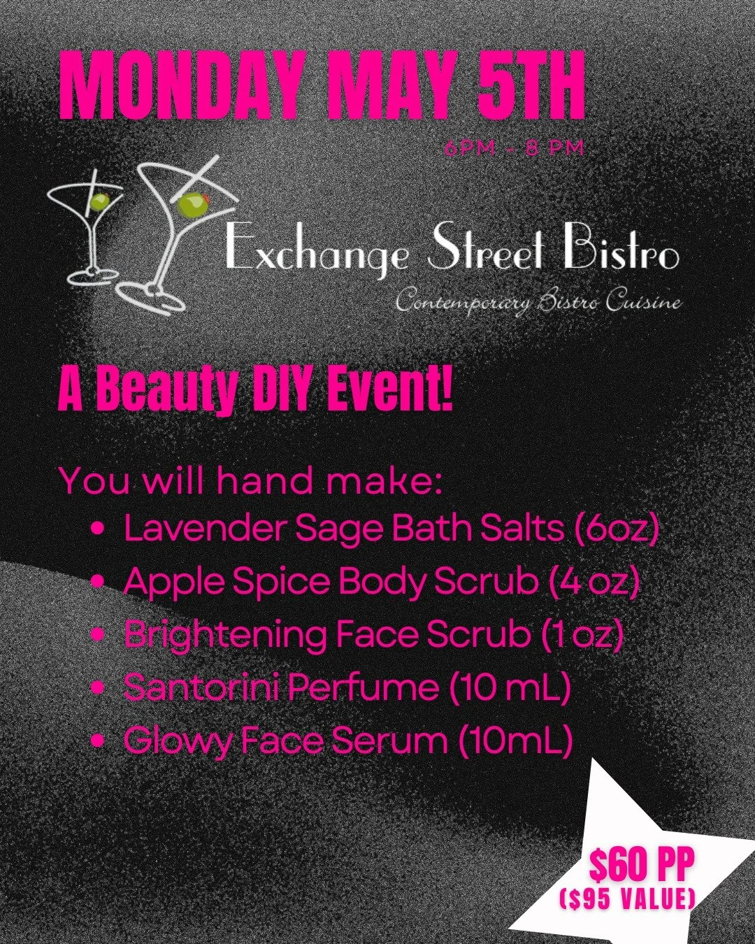 Malden, are you ready for a beauty experience like no other?

We&rsquo;re taking over @exchangestreetbistromalden  with Glamour Nite&mdash;a hands-on, wine-in-hand, make-your-own-products kind of night. Think paint night, but you leave with your own 