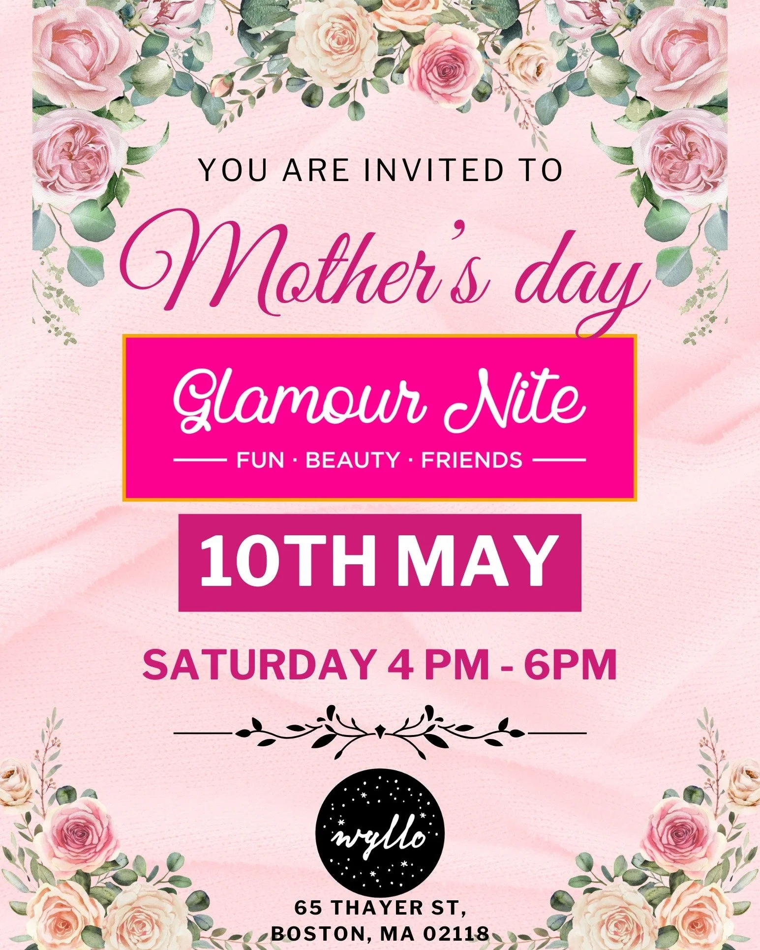 :

💐 Mother&rsquo;s Day Glamour Nite at Wyllo &ndash; This Saturday! 💐
Looking for a memorable Mother&rsquo;s Day experience? Bring your mom, daughter, sister, or bestie to Glamour Nite &mdash; a hands-on, beauty-making event where you'll craft 5 f