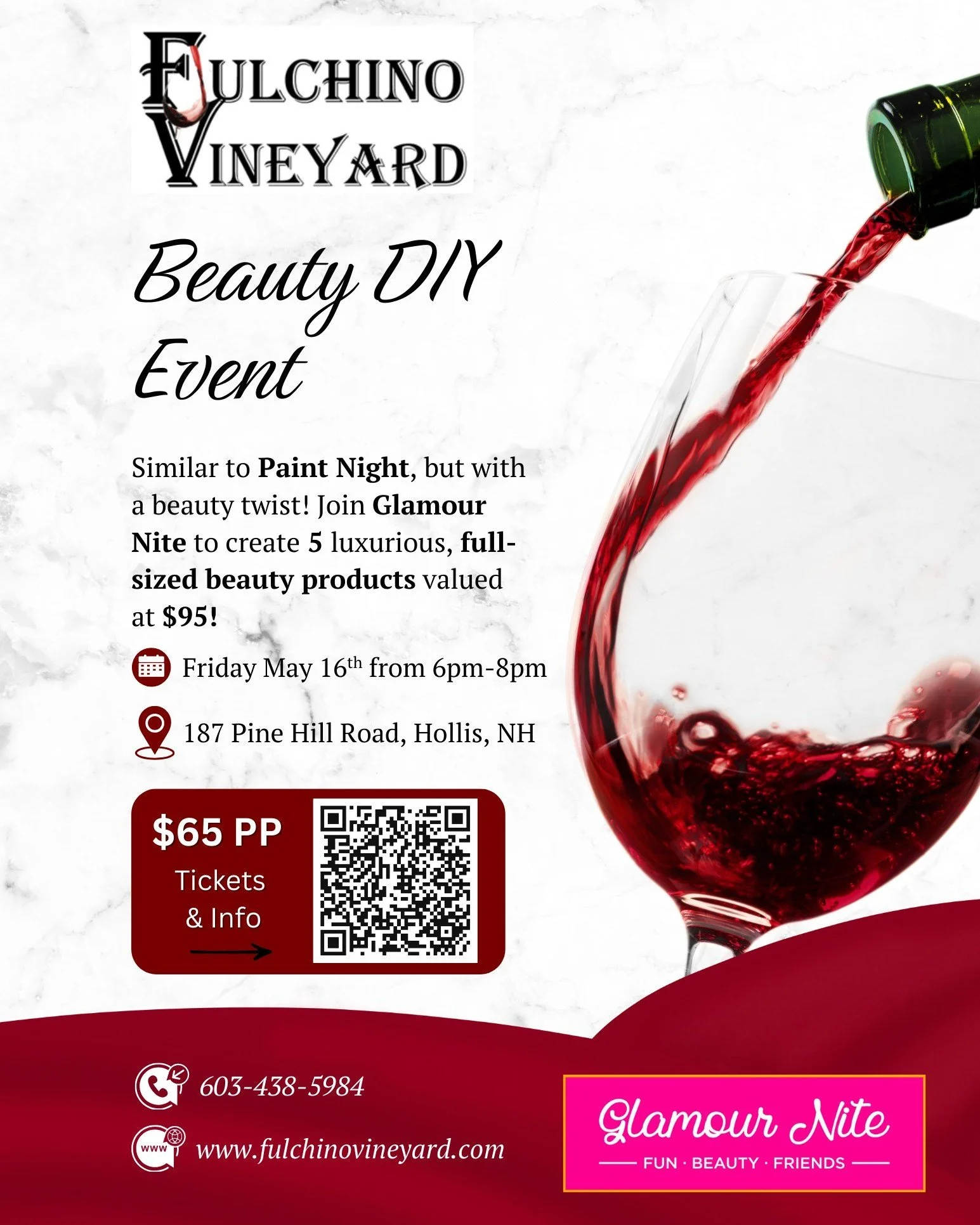 🍷✨ Glamour Nite at @fulchino_vineyard &ndash; This Friday! ✨🍷
Join us for a night of wine, beauty, and hands-on fun at the stunning Fulchino Vineyard! 🌿💄

Think Paint Nite, but with a beauty twist &mdash; you'll be guided step-by-step to create y