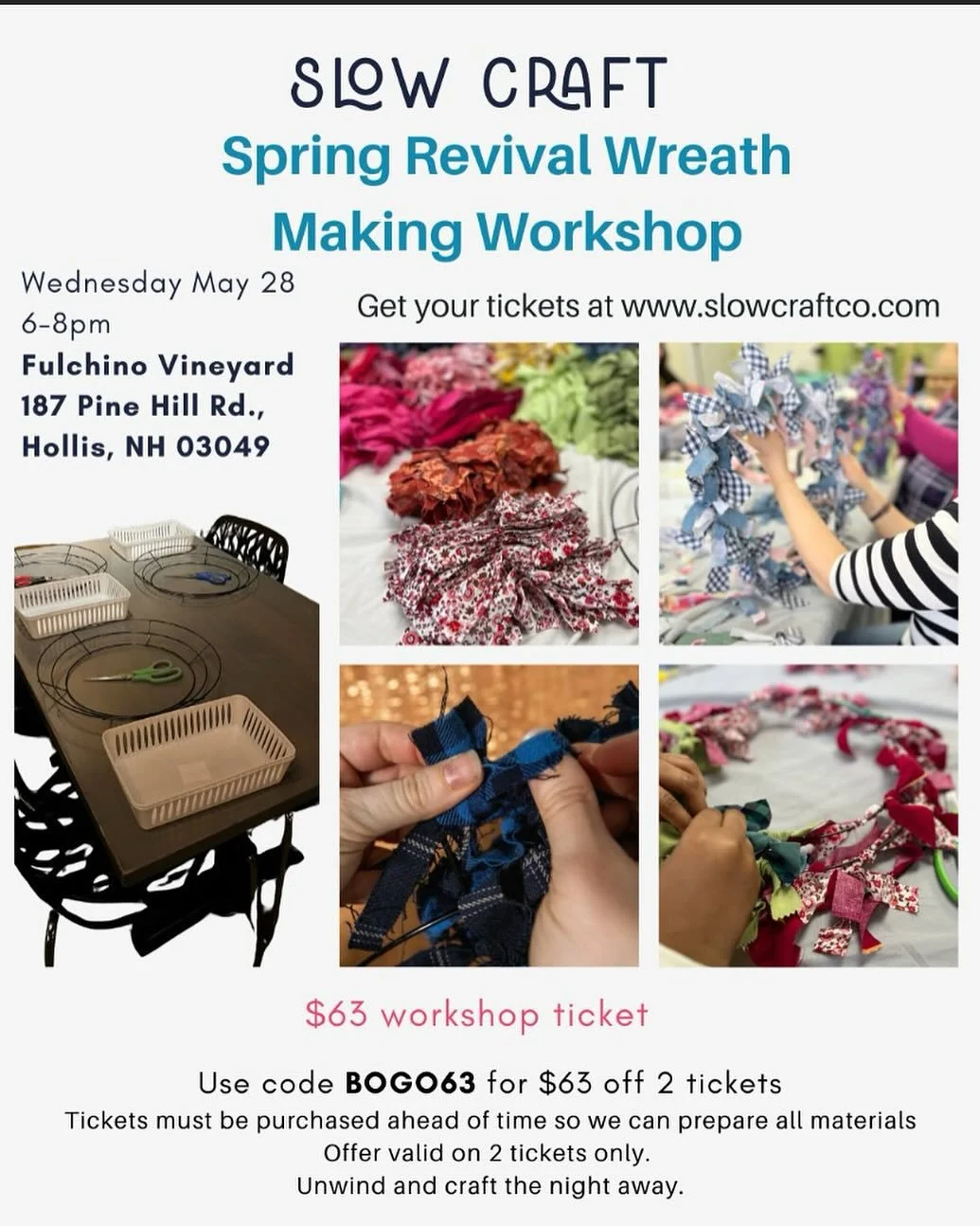 Let&rsquo;s support another local women-owned business!
Slow Craft is having a wreath making workshop Wednesday, May 28 from 6 to 8 PM at Fulchino Vineyard in Hollis, New Hampshire.  In this workshop, you will make a one-of-a-kind wreath with sustain