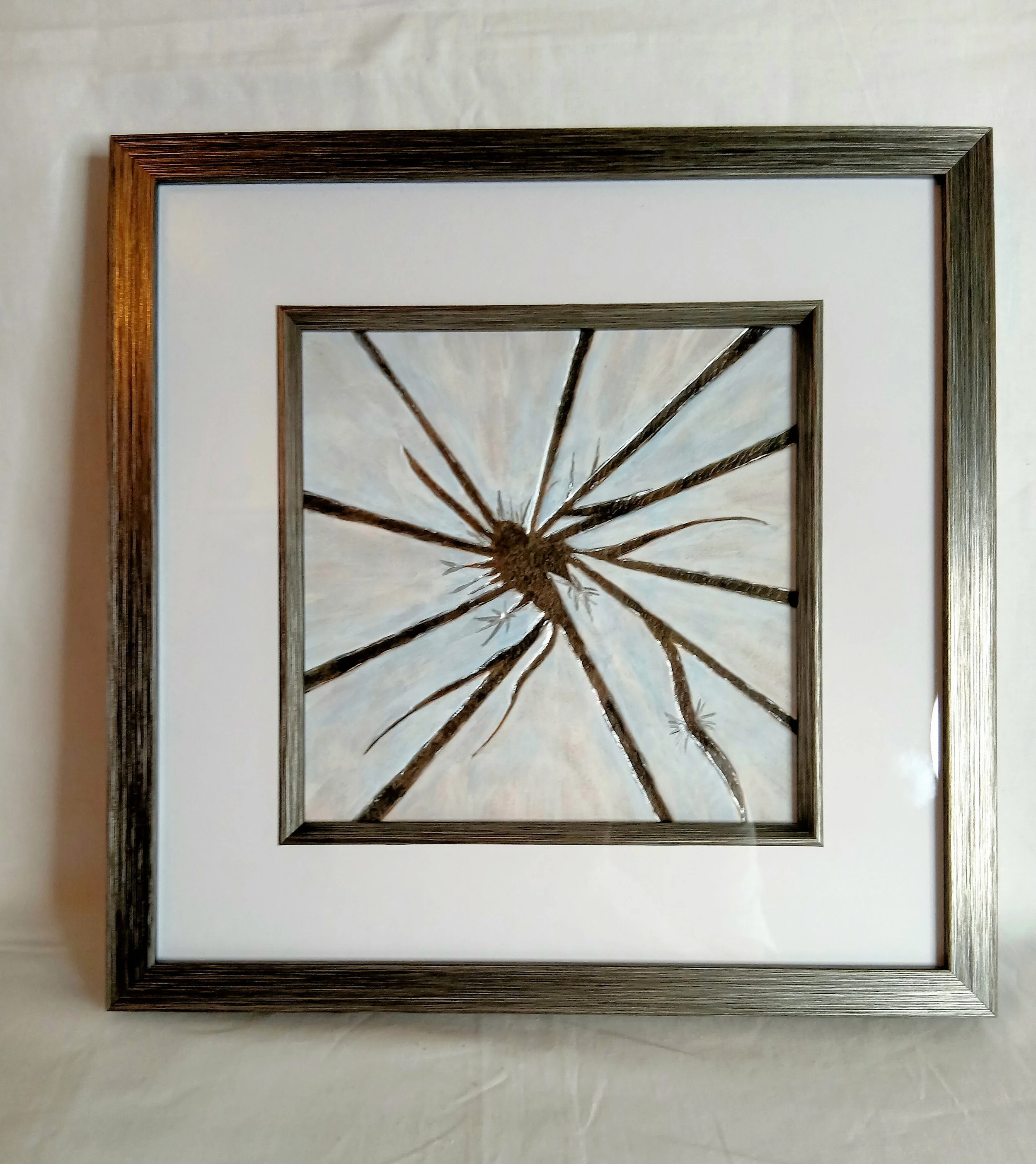 Where the Light Splinters: Hand carved vegetable tanned leather painted in acrylic.