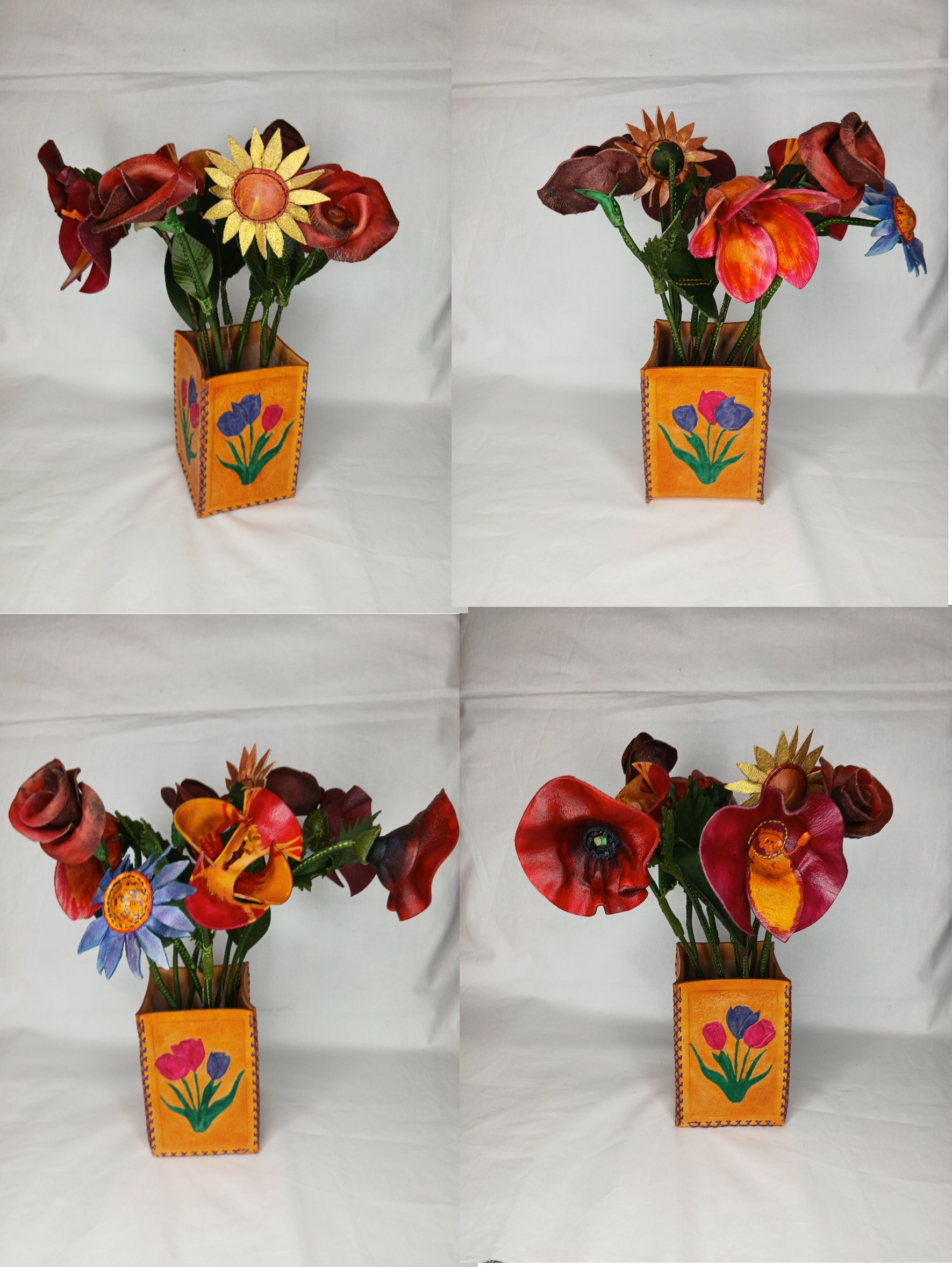 𝗘𝘃𝗲𝗿𝗹𝗮𝘀𝘁𝗶𝗻𝗴 𝗕𝗼𝘂𝗾𝘂𝗲𝘁 — A detailed four-angle view of a spectacular arrangement featuring 9 individually crafted leather flowers set inside a matching, hand-stitched leather vase.