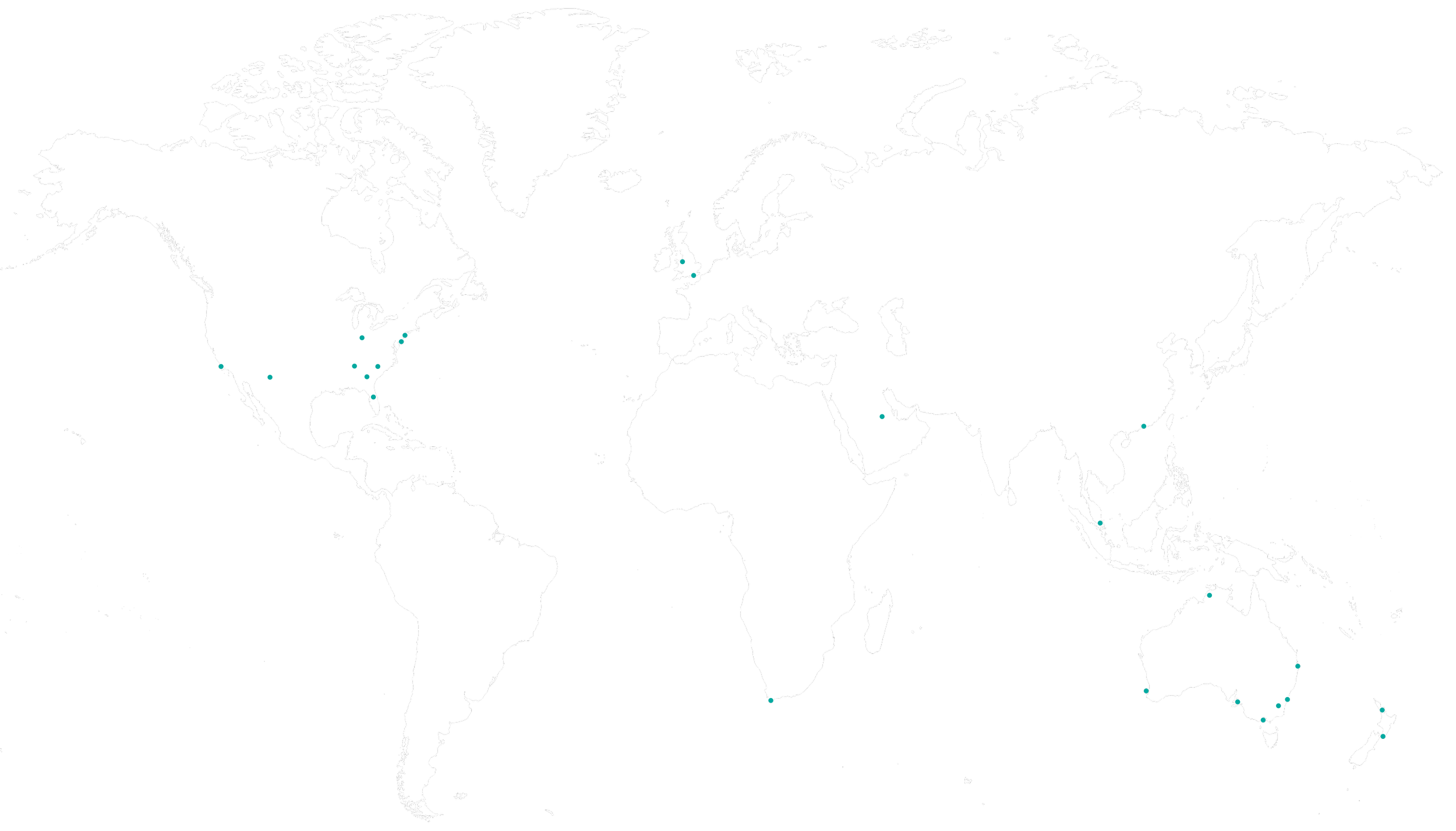 World map showing specific locations marked with blue dots in the United States, Ireland, the United Kingdom, Japan, and Australia.