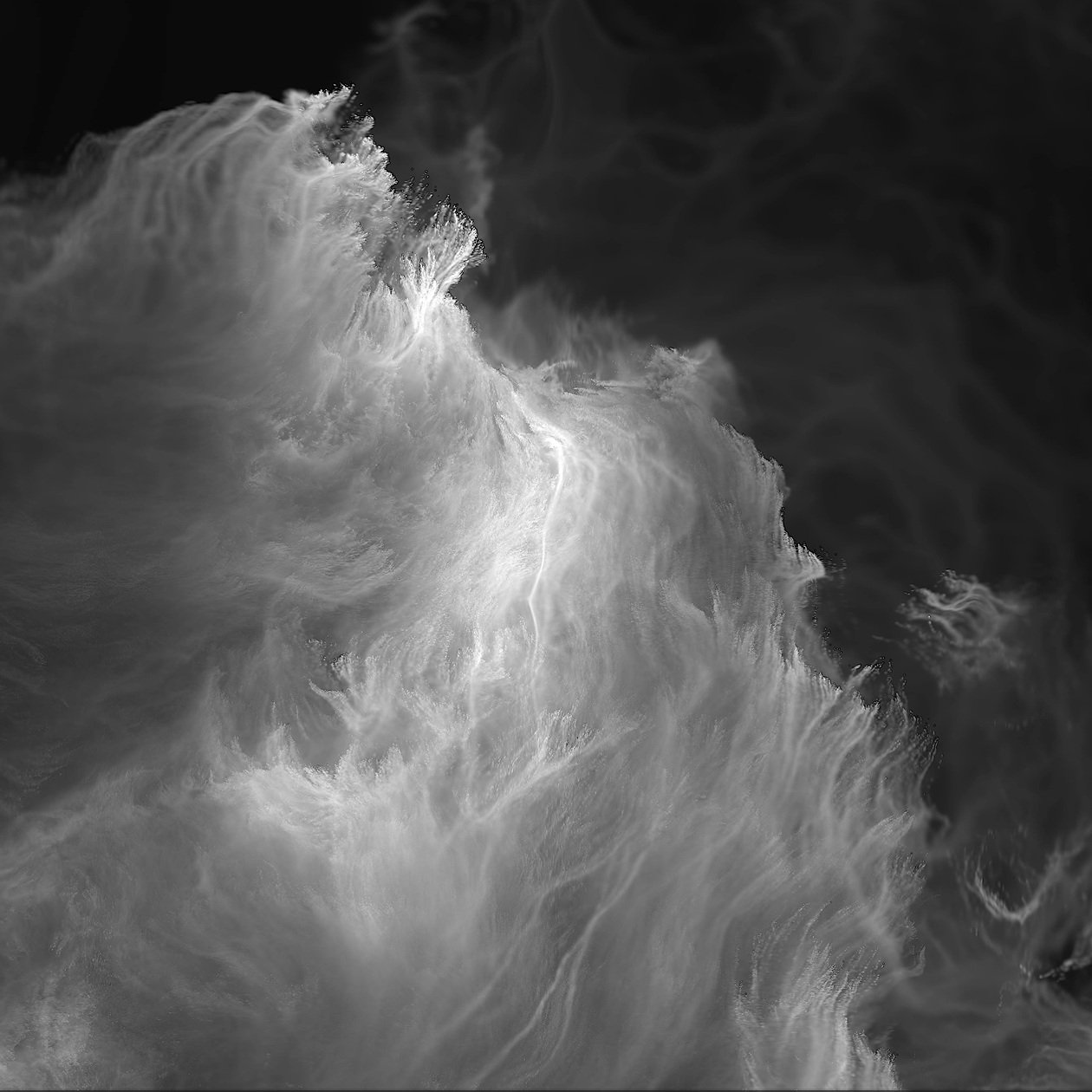 "Nebulous. Lightscape. Memories." is a mesmerizing, animated scene of swirling, translucent forms reminiscent of delicate clouds or ethereal smoke. Created with software TouchDesigner, this real-time particle generation captures the movement of light
