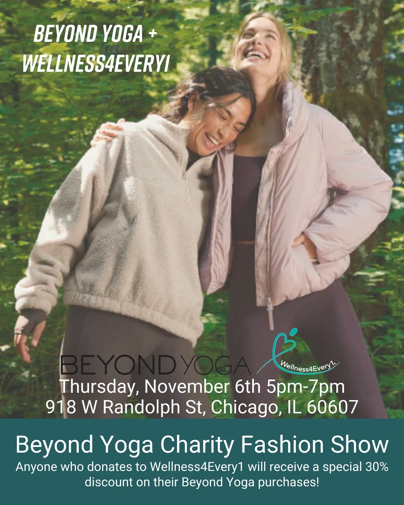 Wellness4Every1 and @beyondyoga are teaming up to host Fashion4Every1, a Charity Fashion Show!

This fun in-store event will allow attendees to see the latest from Beyond Yoga as we all start gearing up for the holiday season and gift buying!

We&rsq