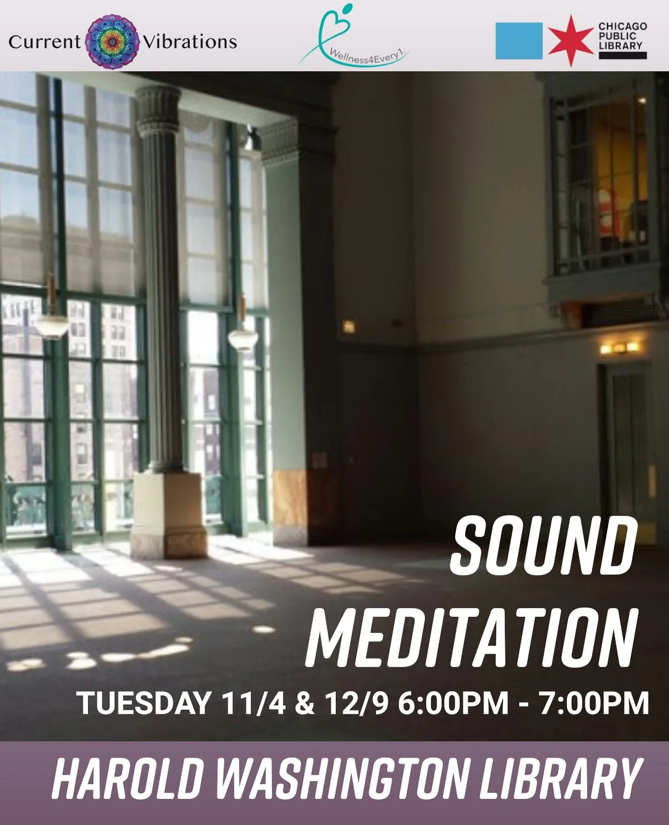 We currently have 15 spots remaining for our next Sound Meditation at Harold Washington Library led by @currentvibrations 

Our November meditation next week will be a bit different for two reasons! The first is that this meditation will take place i