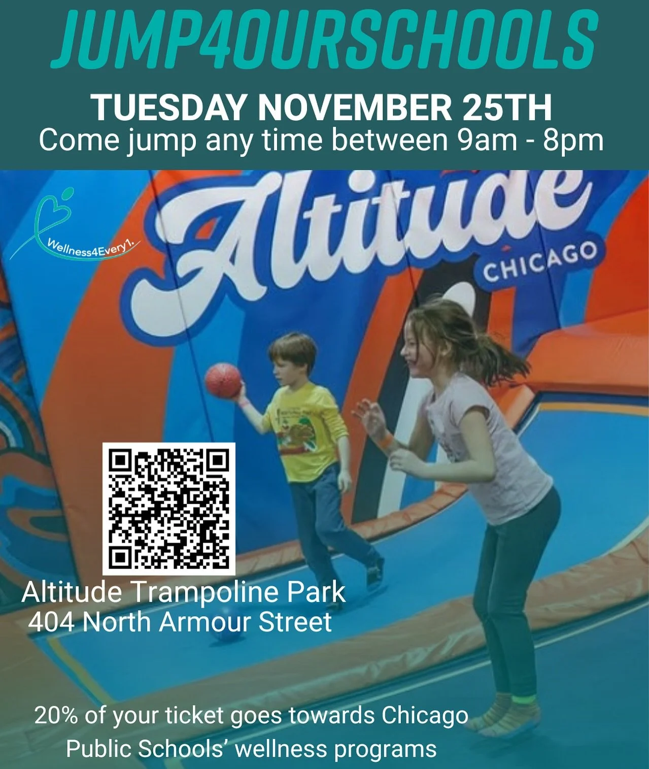 Come Jump4OurSchools @altitudechicago 
📍 404 N Armour St Chicago, Illinois 60642

Since your kids are out of school next week, why not join us at this family-friendly fundraising event! Jump anytime on Tuesday, 11/25 and make an impact.

When you us