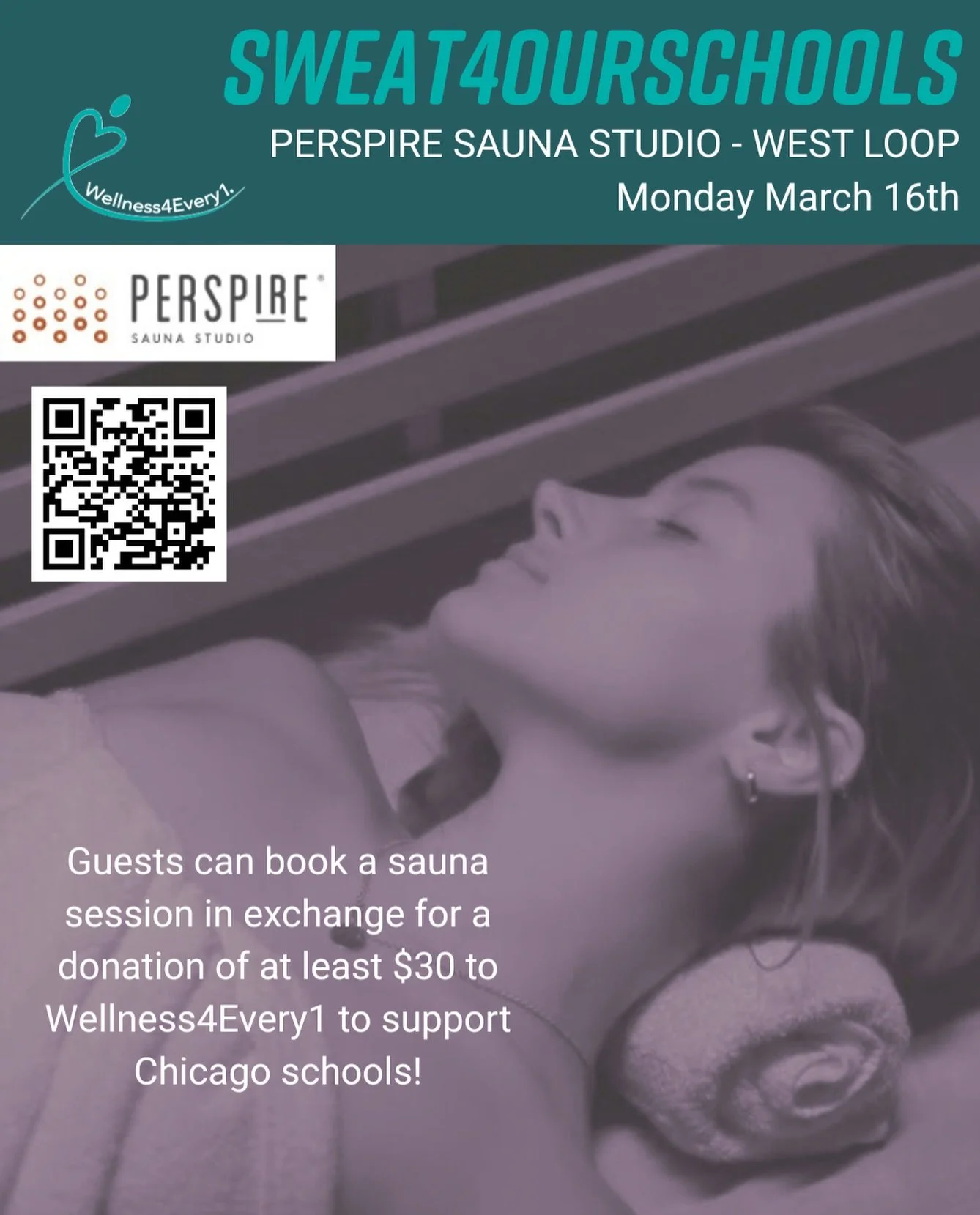 Mark your calendar for our next fundraising event in exactly 1 month! On March 16th join us at @perspiresaunastudio in West Loop.

Guests can book a sauna session in exchange for a donation of at least $30 to Wellness4Every1. Head to the link in our 