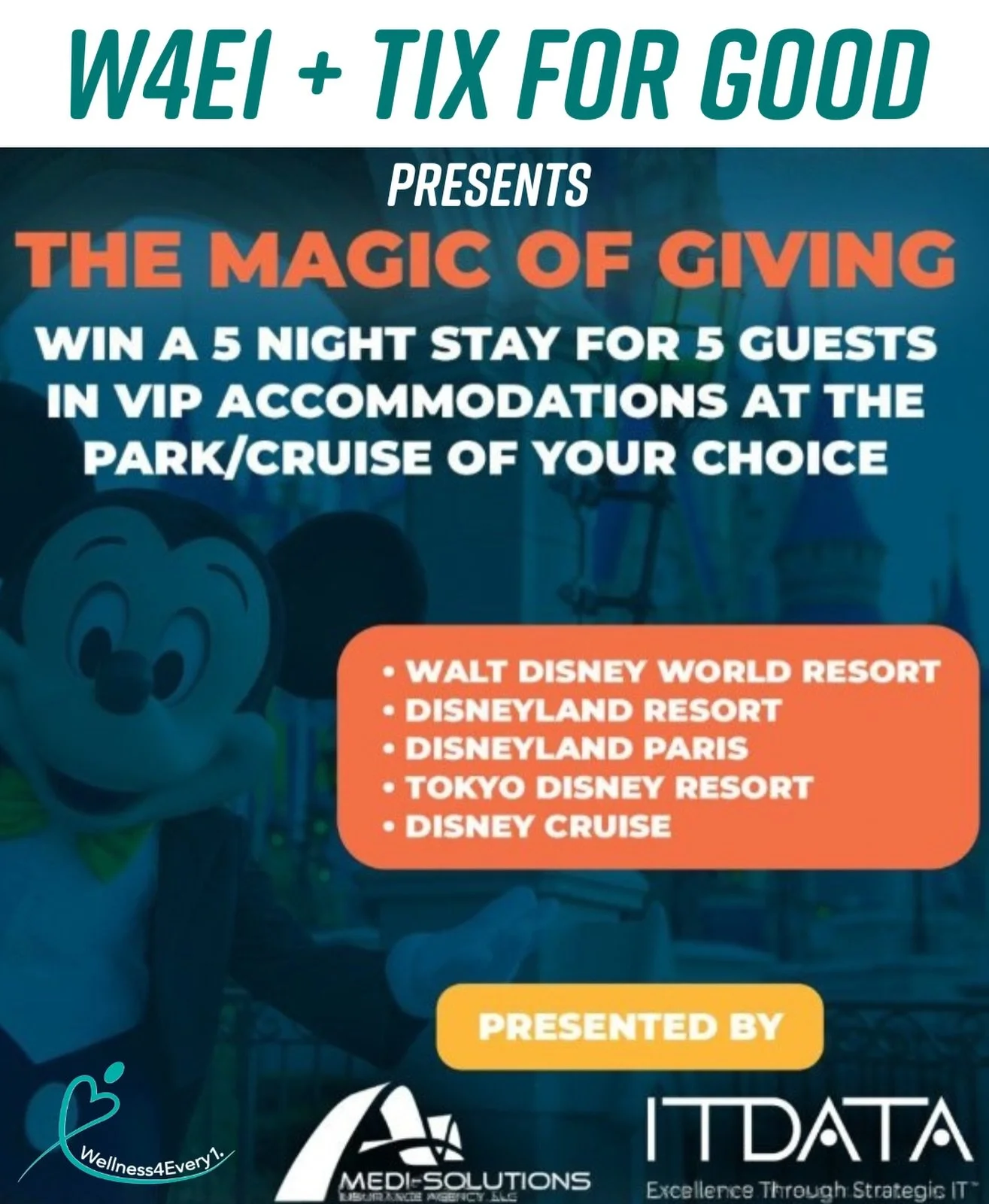 @tix.4.good and Wellness4Every1 are offering one winner the opportunity to experience @disney in extraordinary way! The winner will receive a five night stay at your choice of the following Disney destinations, with VIP accommodations for up to five 
