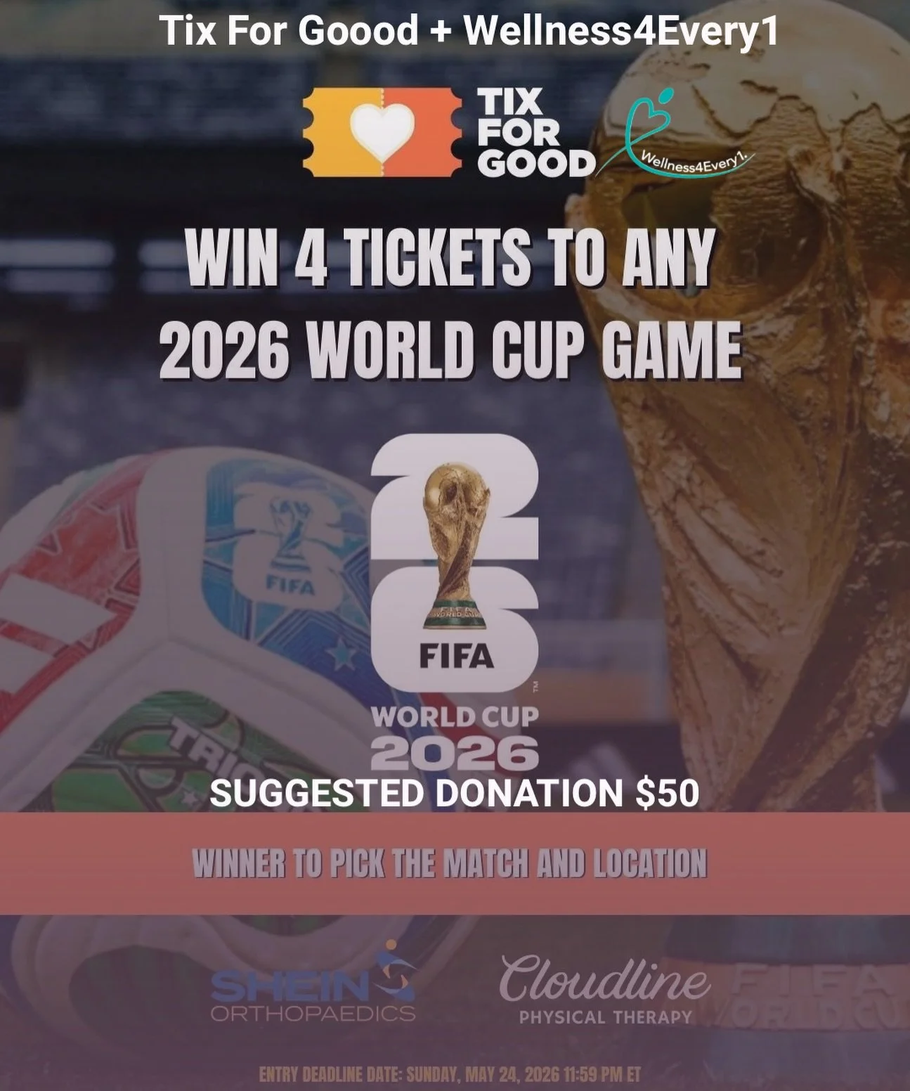 @tix.4.good and @wellnessforevery1 is giving one lucky supporter the chance to attend the 2026 World Cup in an unforgettable fashion. The winner will receive four lower level tickets to the 2026 World Cup Group Stage match of their choosing. Bring yo
