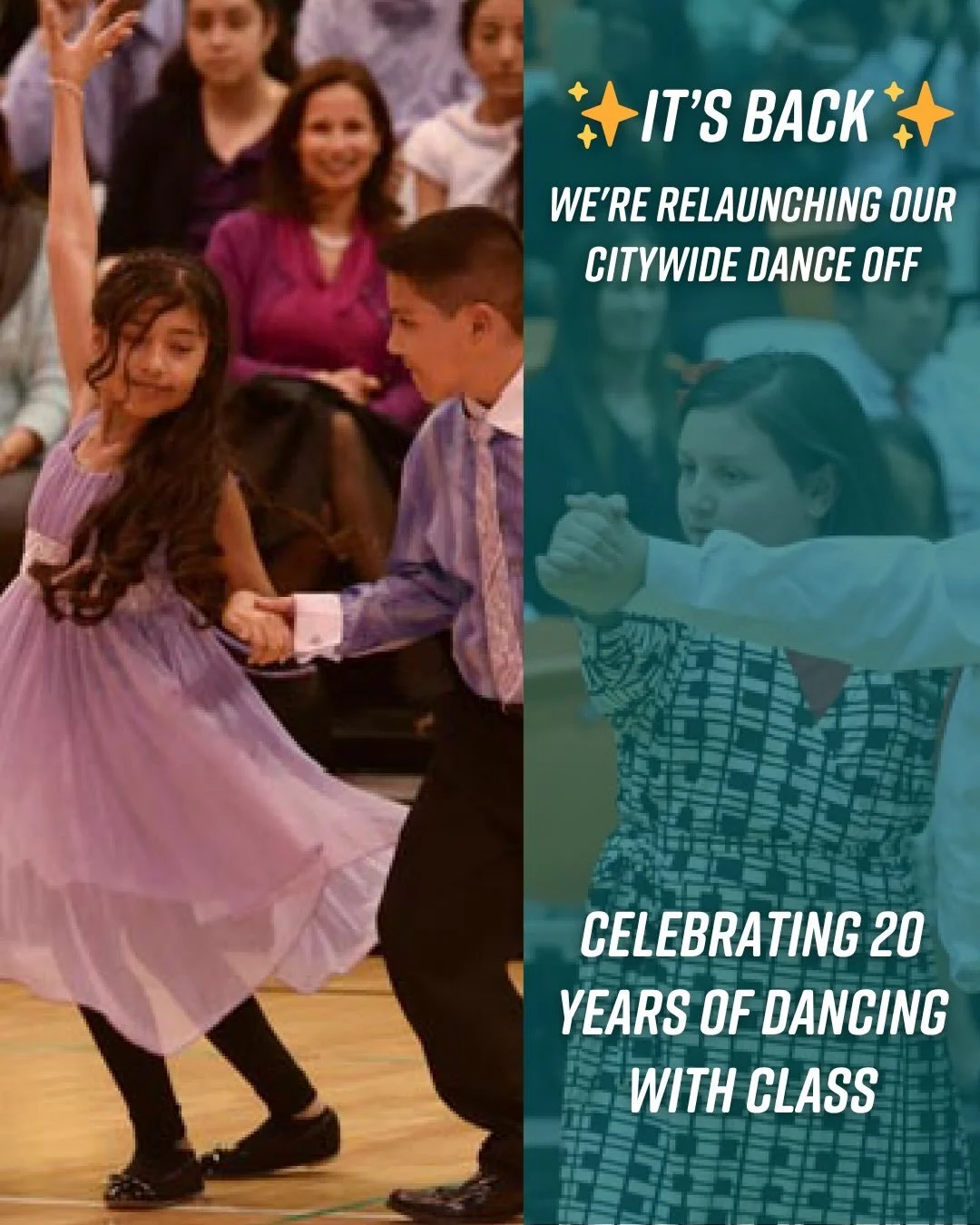 After 6 years, our Citywide Dance Off returns for the 20th Anniversary of Dancing with Class!
We need your help to support our students in their first ballroom dance competition.

8 schools. 1 powerful, shared experience.

This is what equity in the 