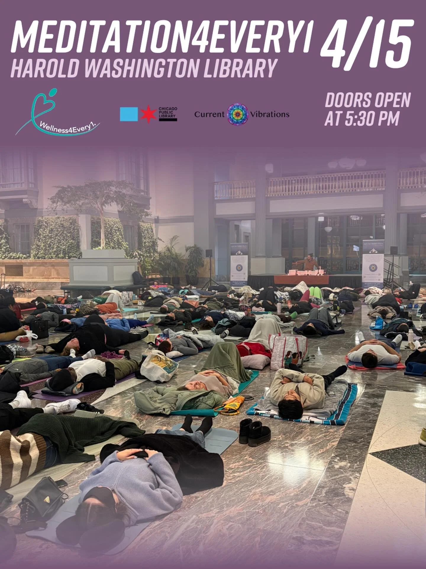 Every month at the Harold Washington Library, something powerful is happening.

On April 15, we&rsquo;ll gather again, people from across Chicago, all backgrounds and experiences, coming together for free sound meditation.

This event may be sold out