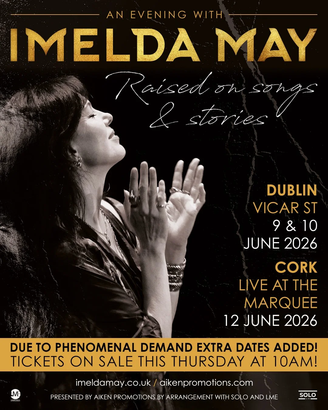 Extra dates added for @imeldaofficial 'Raised on Songs &amp; Stories' in Dublin and Cork!

Tickets will go on sale Thursday 12th at 10am

#ImeldaMay