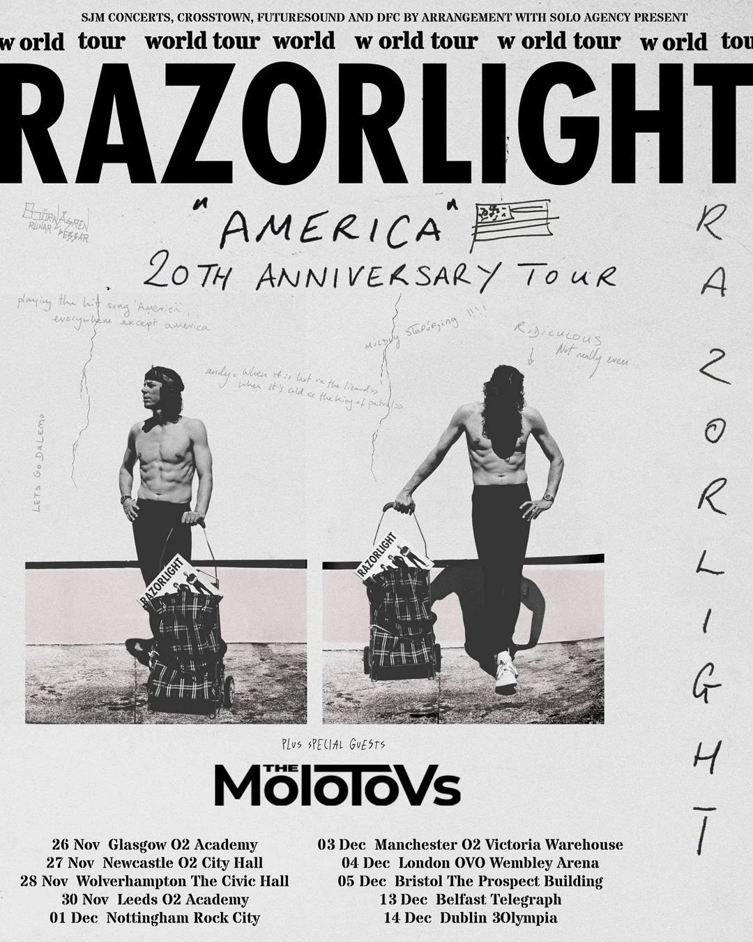 'AMERICA' 20th Anniversary World Tour announced with dates across the UK &amp; Europe this October - December. See @razorlightofficial with support from @theksofficial (EUR &amp; London) &amp; @themolotovs (UK &amp; IRE).

Tickets go on sale this Fri